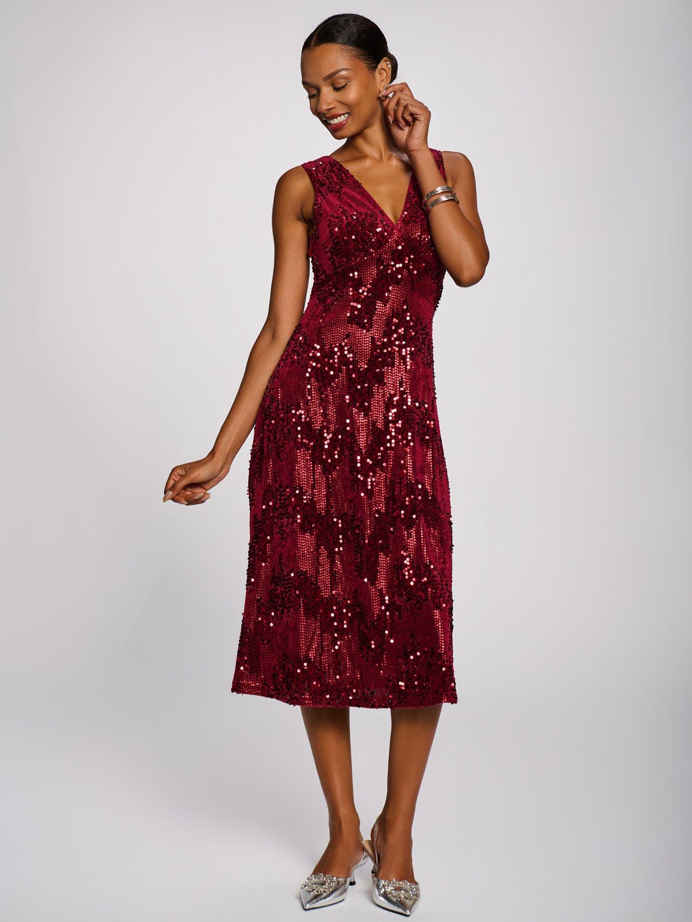 Image 6 of 7 of Jolie Moi Womens V-Neck Sequin Velvet Sleeveless Midi Dress - Pink