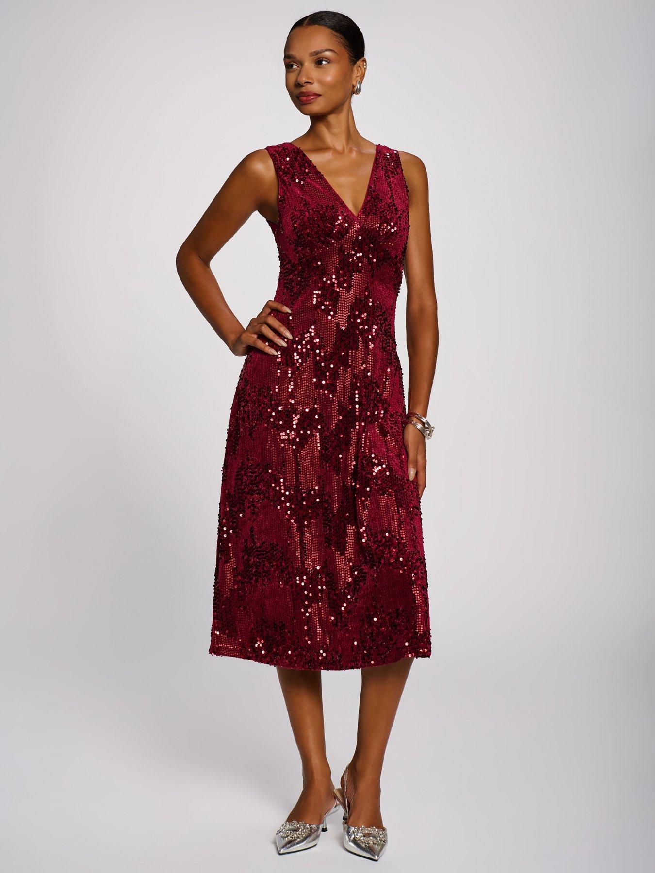 Image 7 of 7 of Jolie Moi Womens V-Neck Sequin Velvet Sleeveless Midi Dress - Pink