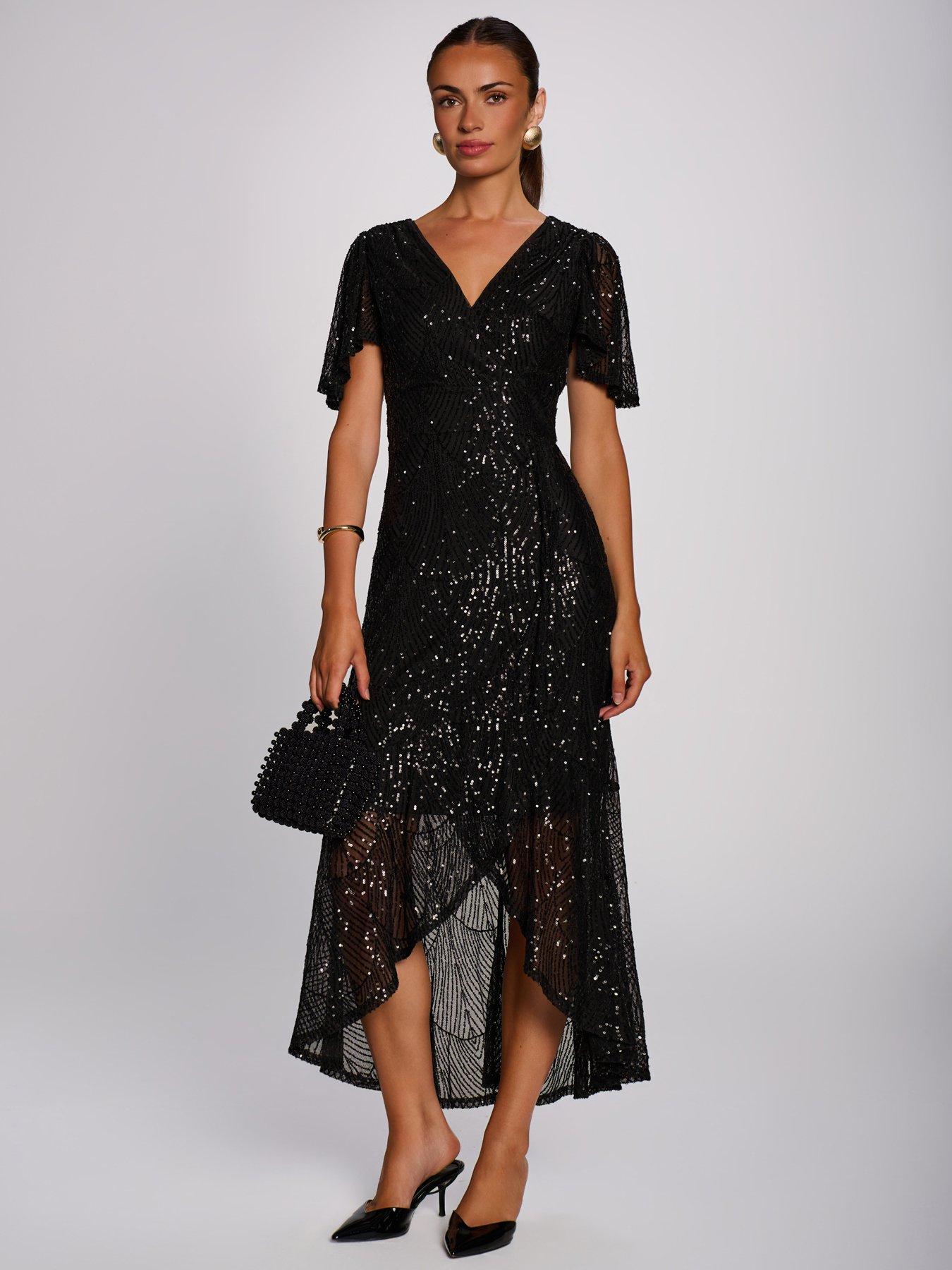 Image 1 of 7 of Jolie Moi Sequin Angel Sleeve Flare Hem Maxi Dress
