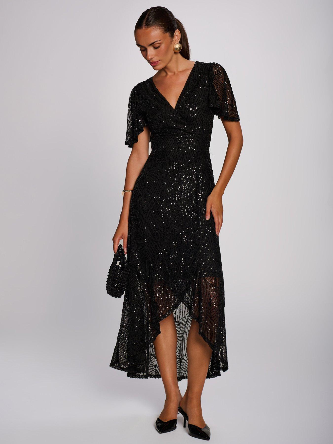 Image 3 of 7 of Jolie Moi Sequin Angel Sleeve Flare Hem Maxi Dress