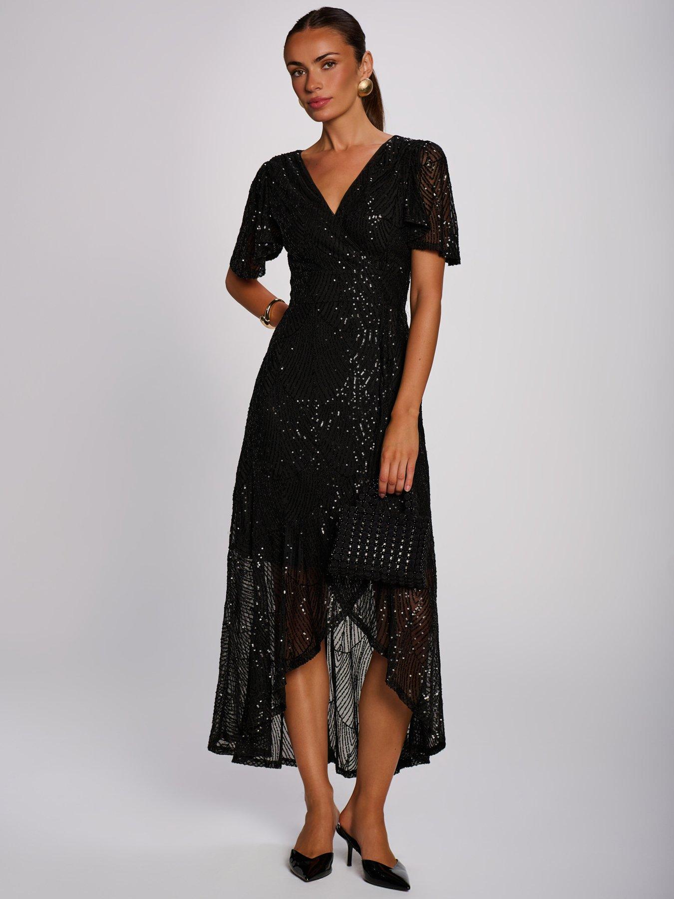 Image 6 of 7 of Jolie Moi Sequin Angel Sleeve Flare Hem Maxi Dress