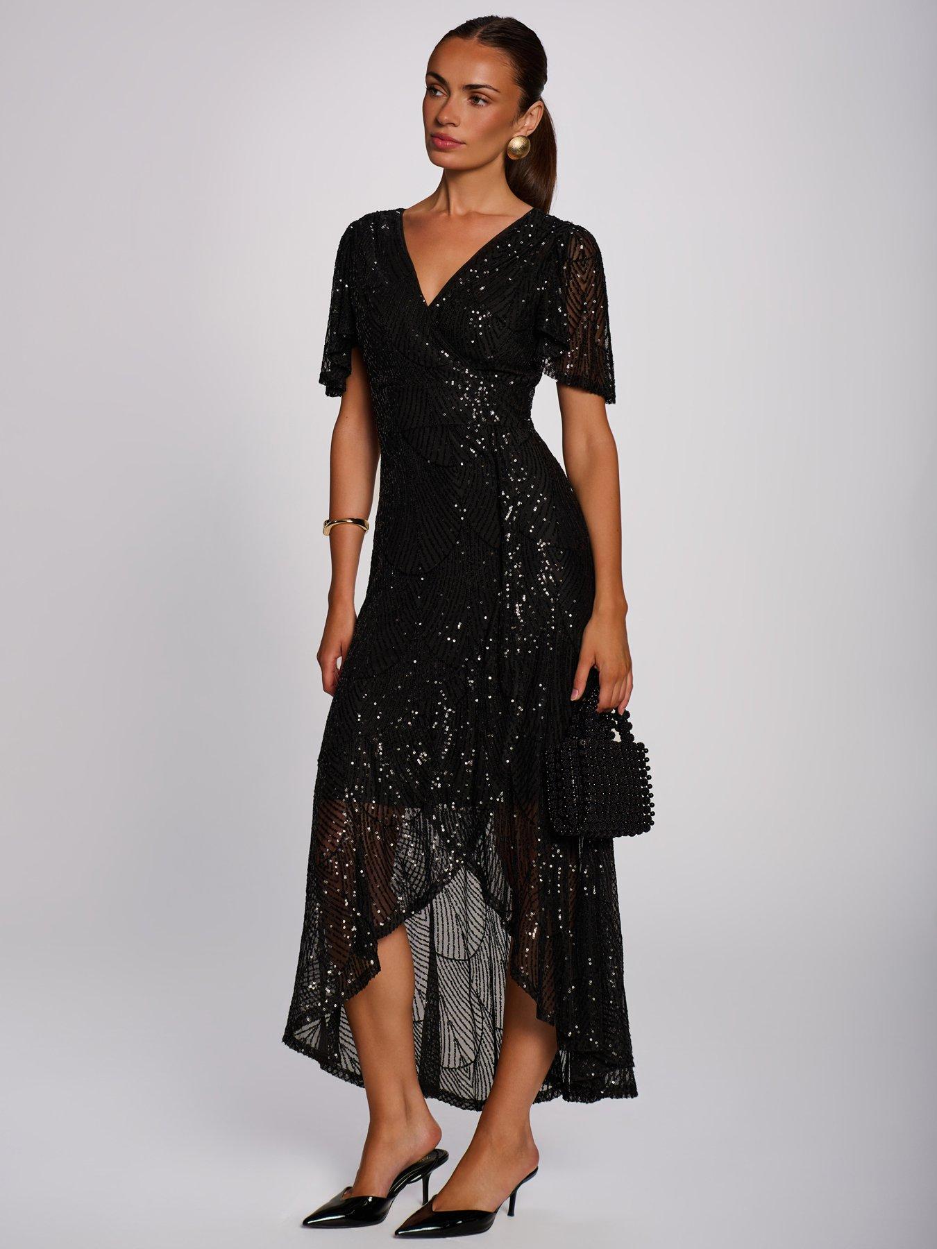 Image 7 of 7 of Jolie Moi Sequin Angel Sleeve Flare Hem Maxi Dress