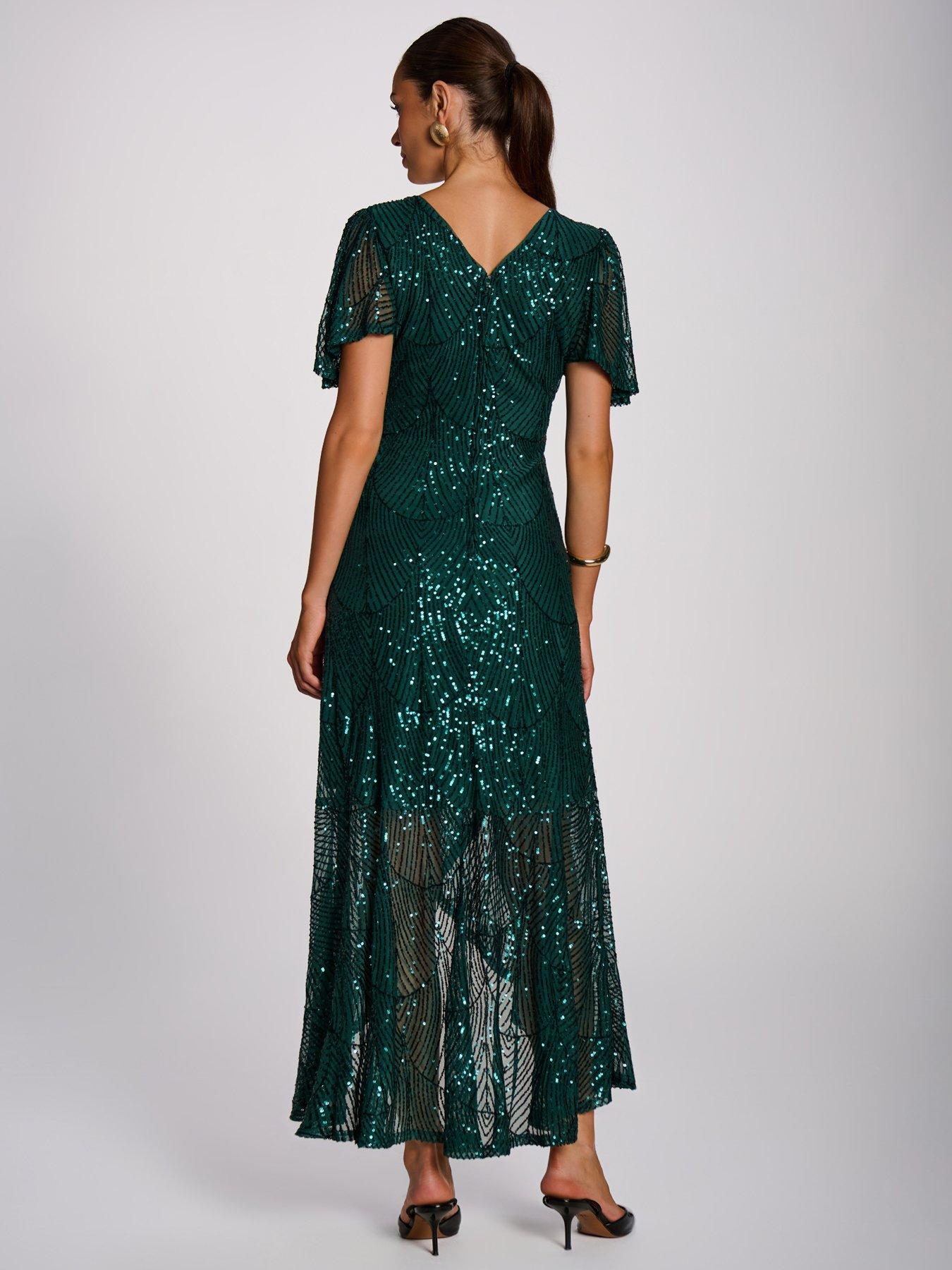 Image 2 of 7 of Jolie Moi Sequin Angel Sleeve Flare Hem Maxi Dress