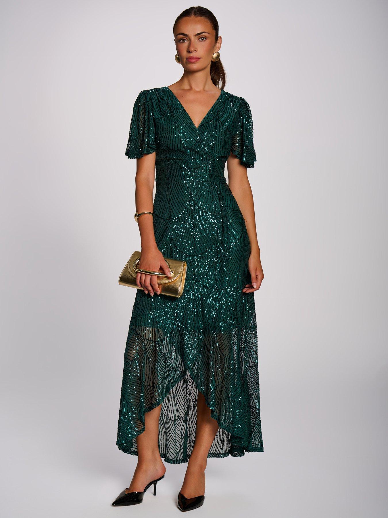 Image 3 of 7 of Jolie Moi Sequin Angel Sleeve Flare Hem Maxi Dress