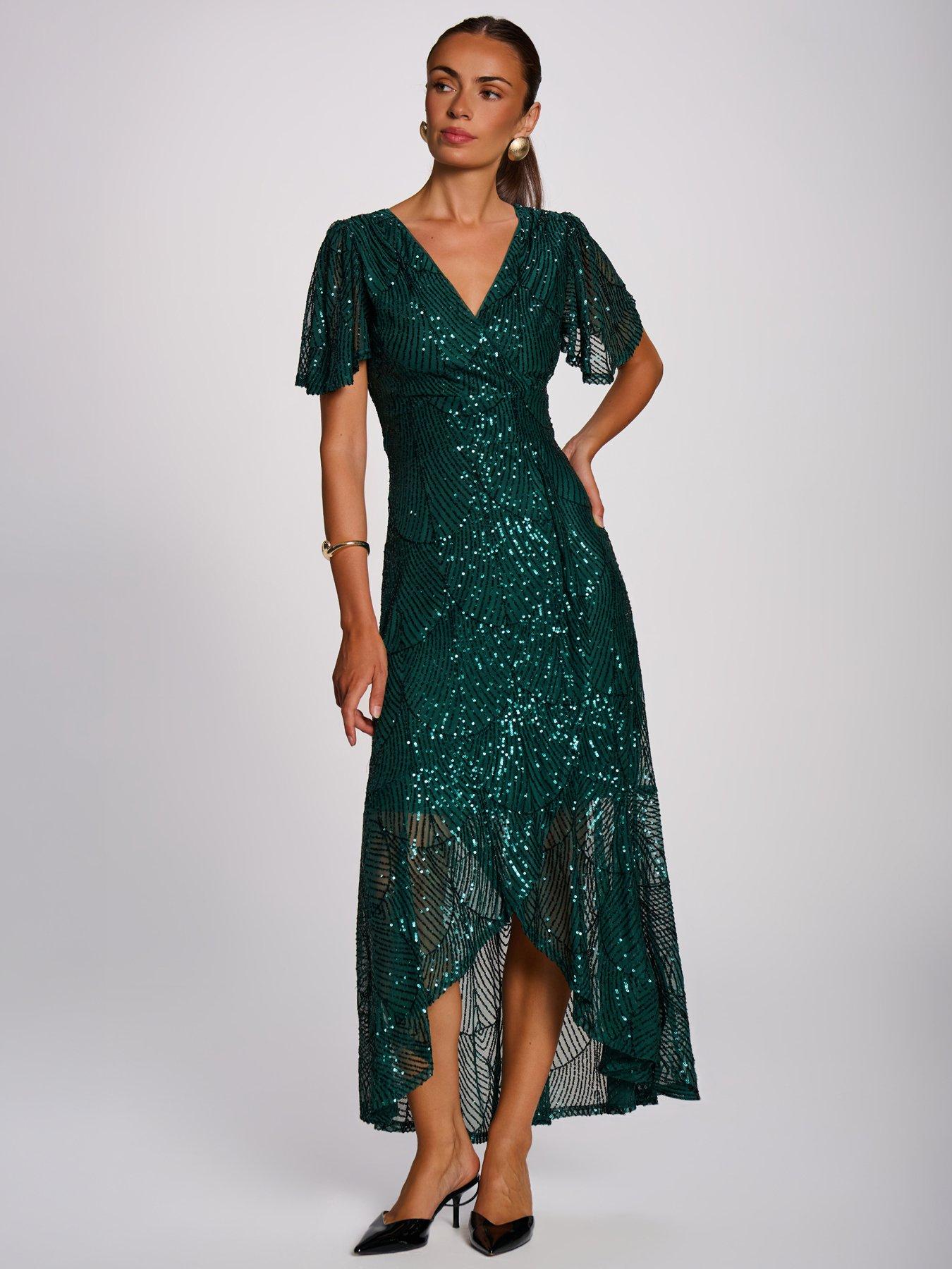Image 5 of 7 of Jolie Moi Sequin Angel Sleeve Flare Hem Maxi Dress