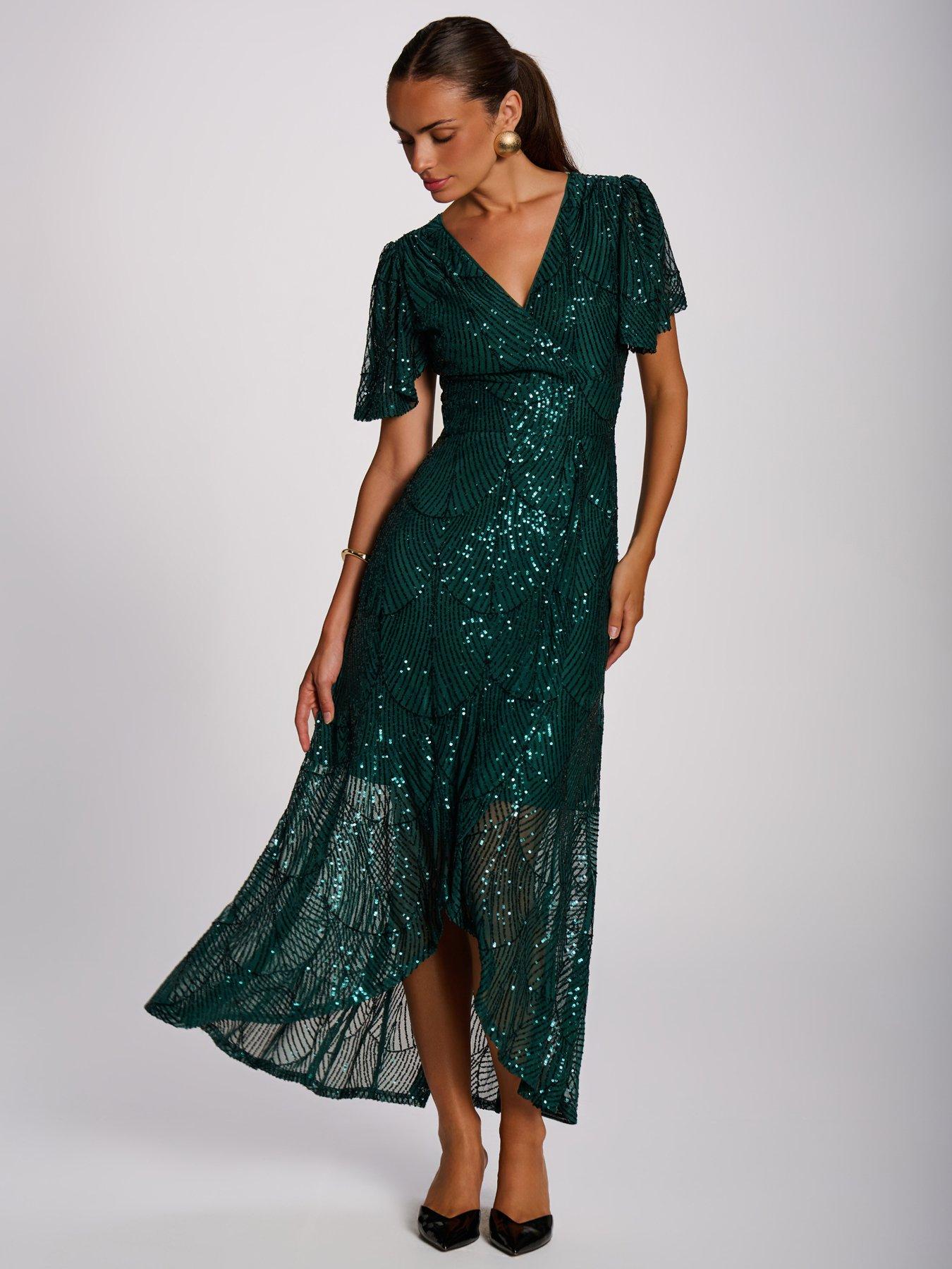 Image 6 of 7 of Jolie Moi Sequin Angel Sleeve Flare Hem Maxi Dress