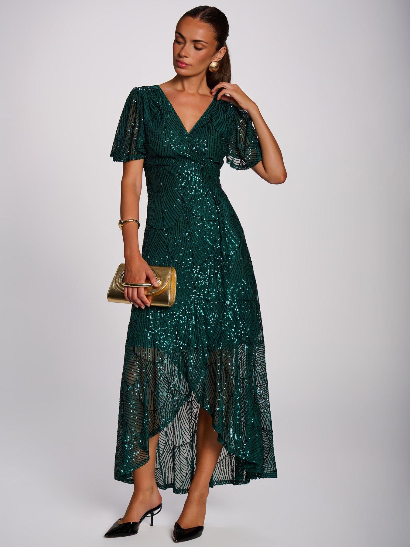 Image 7 of 7 of Jolie Moi Sequin Angel Sleeve Flare Hem Maxi Dress