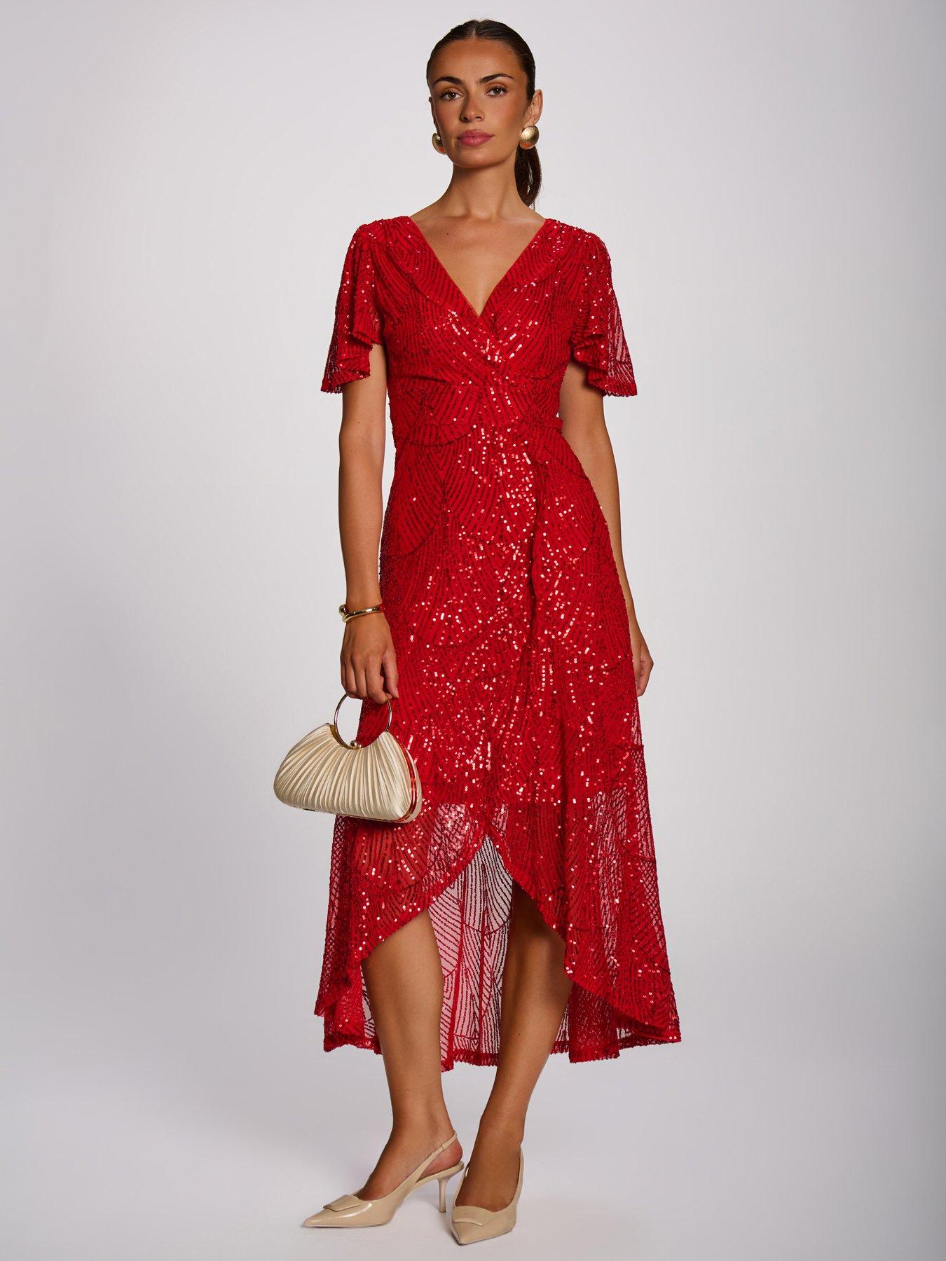 Image 1 of 7 of Jolie Moi Sequin Angel Sleeve Flare Hem Maxi Dress