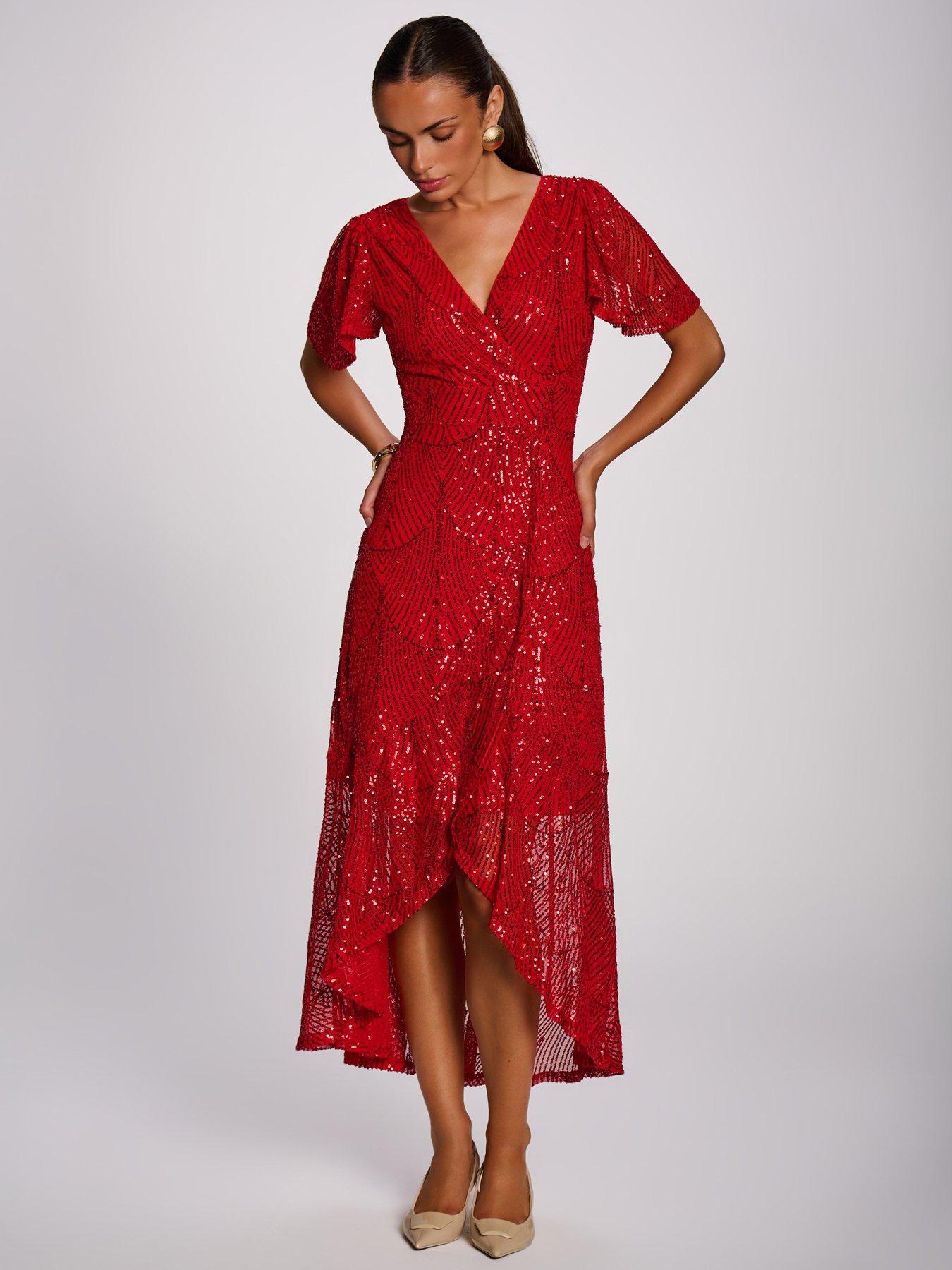 Image 5 of 7 of Jolie Moi Sequin Angel Sleeve Flare Hem Maxi Dress