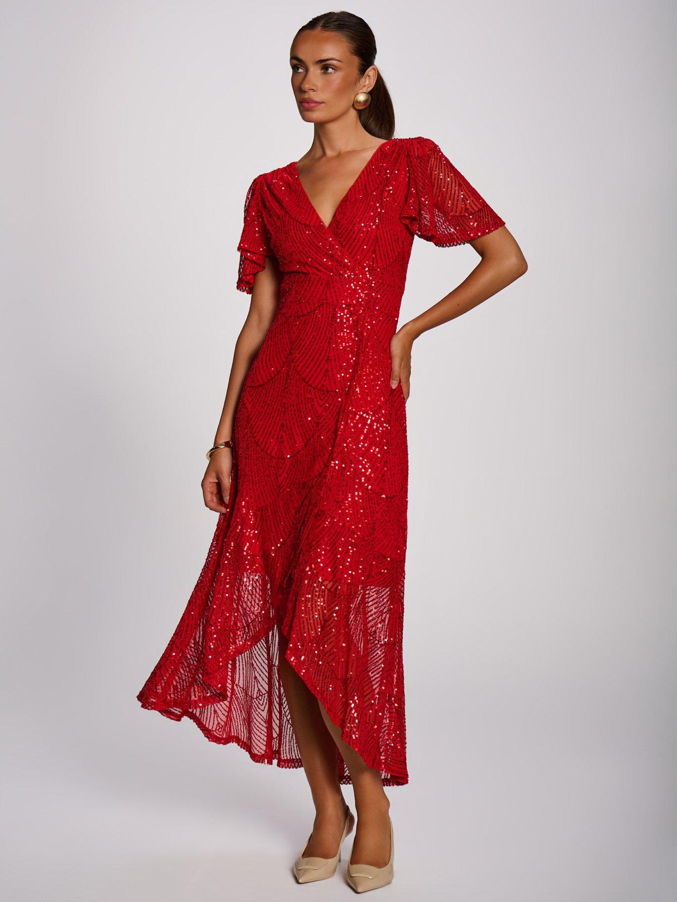 Image 6 of 7 of Jolie Moi Sequin Angel Sleeve Flare Hem Maxi Dress