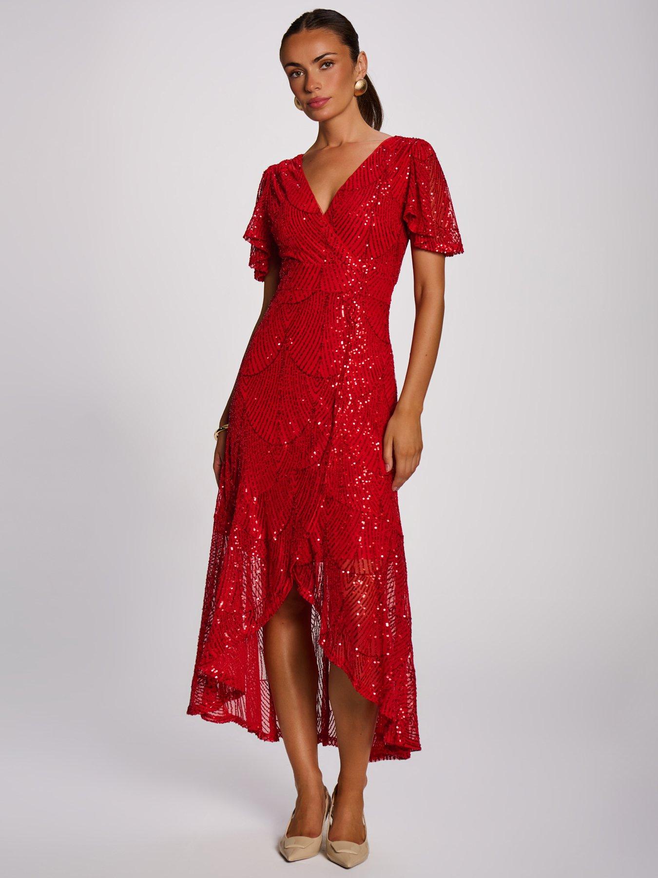 Image 7 of 7 of Jolie Moi Sequin Angel Sleeve Flare Hem Maxi Dress