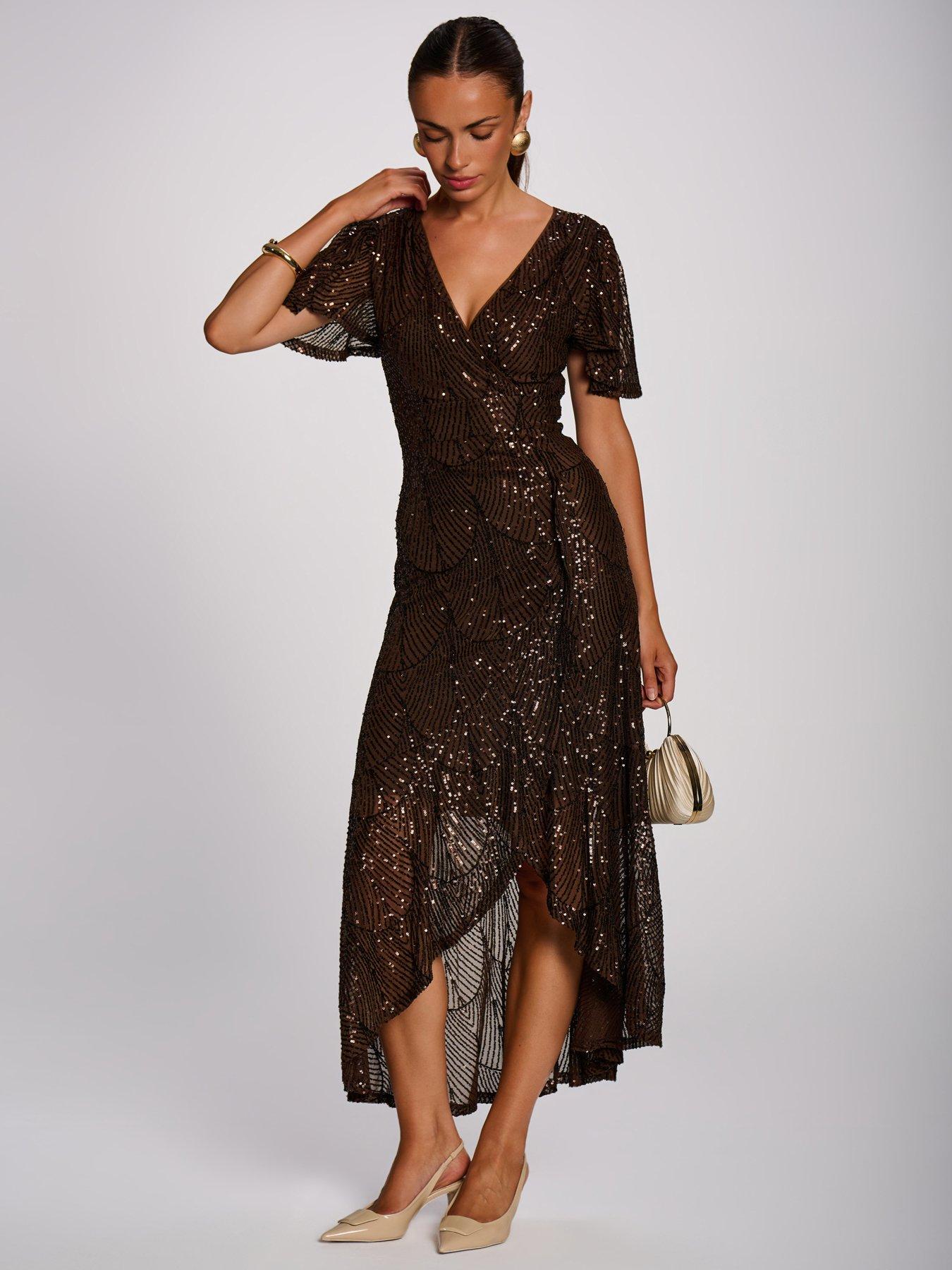 Image 1 of 7 of Jolie Moi Womens Sequin Angel Sleeve Flare Hem Maxi Dress - Brown