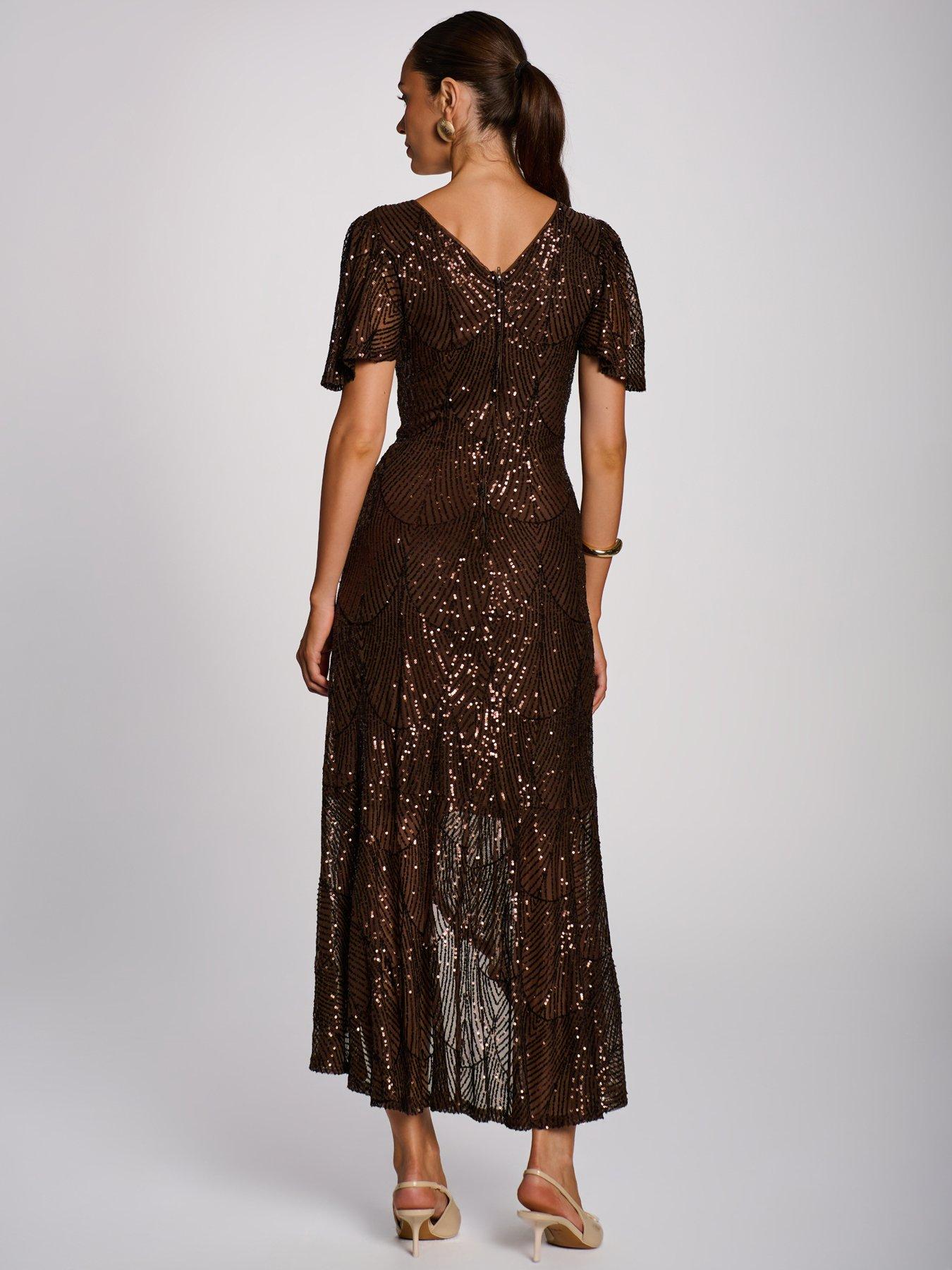 Image 2 of 7 of Jolie Moi Womens Sequin Angel Sleeve Flare Hem Maxi Dress - Brown