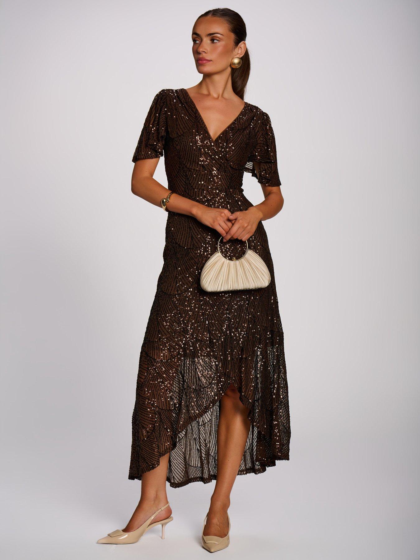 Image 3 of 7 of Jolie Moi Womens Sequin Angel Sleeve Flare Hem Maxi Dress - Brown