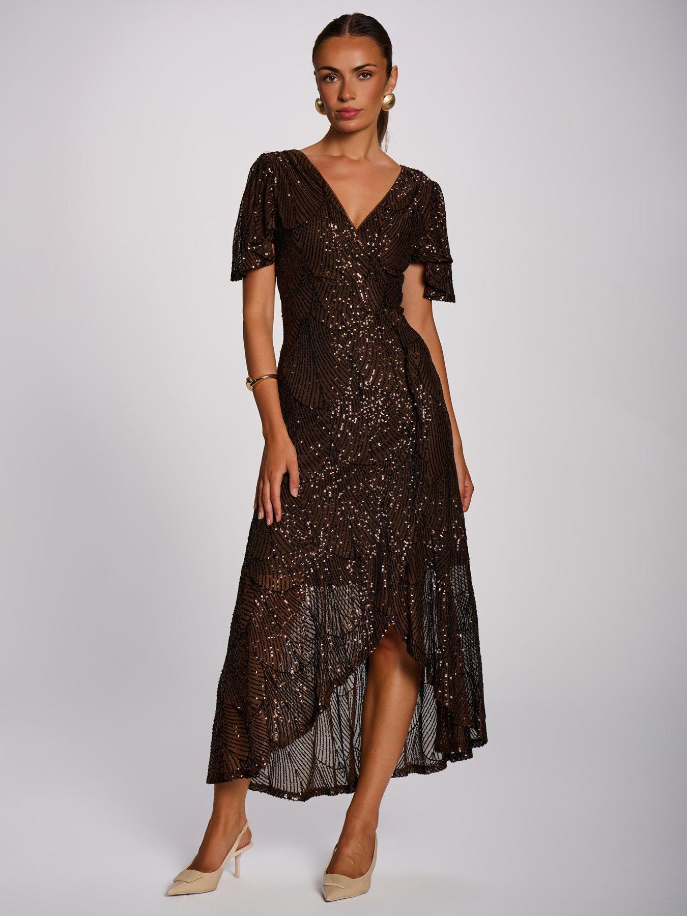 Image 5 of 7 of Jolie Moi Womens Sequin Angel Sleeve Flare Hem Maxi Dress - Brown