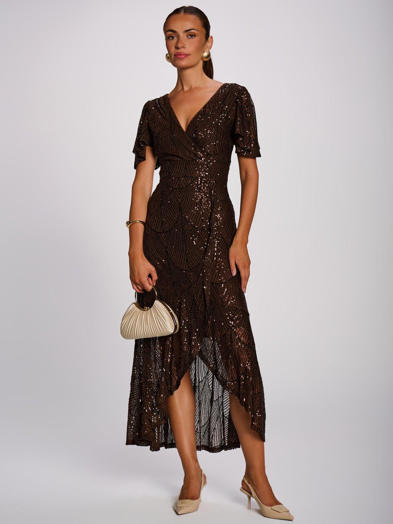 Image 6 of 7 of Jolie Moi Womens Sequin Angel Sleeve Flare Hem Maxi Dress - Brown