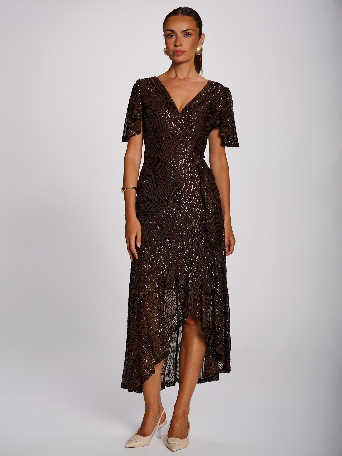 Image 7 of 7 of Jolie Moi Womens Sequin Angel Sleeve Flare Hem Maxi Dress - Brown