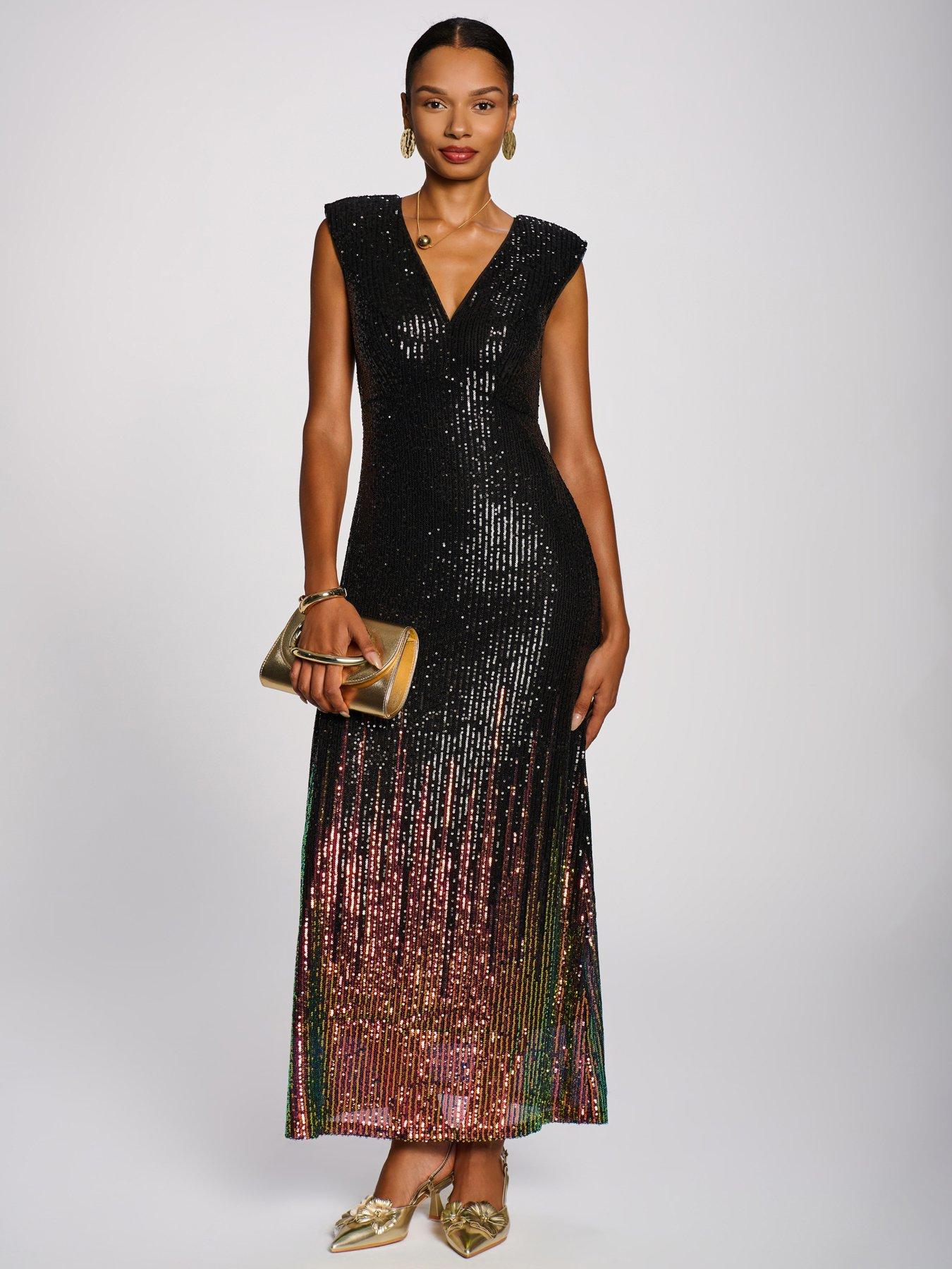Image 1 of 7 of Jolie Moi Womens Multi Tone Patterned Sequin Maxi Dress - Black