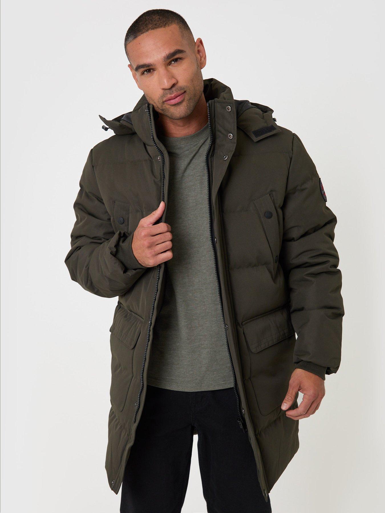 Image 1 of 5 of Threadbare Mens Padded Longline Showerproof Hooded Jacket - Green