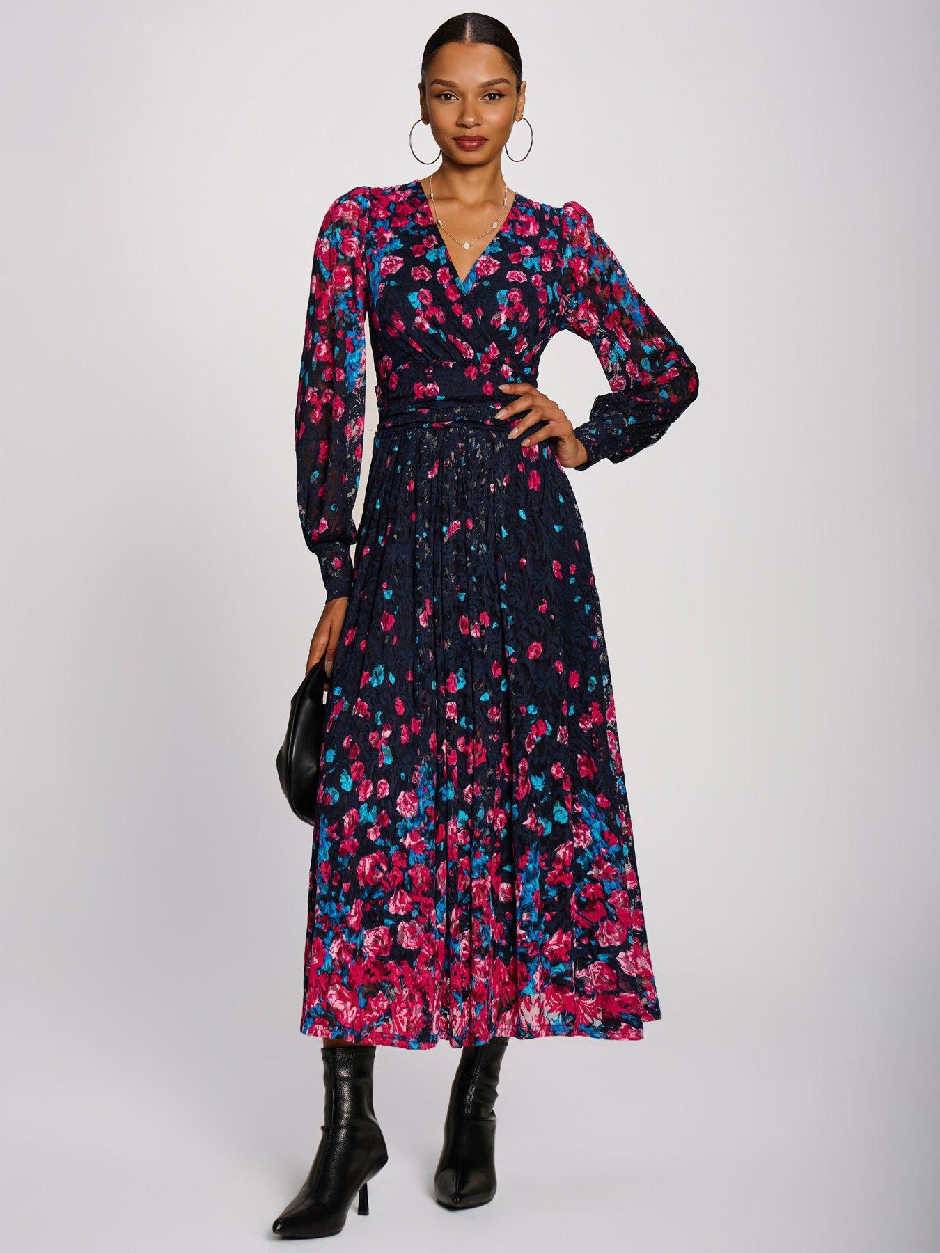 Image 1 of 7 of Jolie Moi Womens Long Sleeve Printed Lace Maxi Dress - Pink