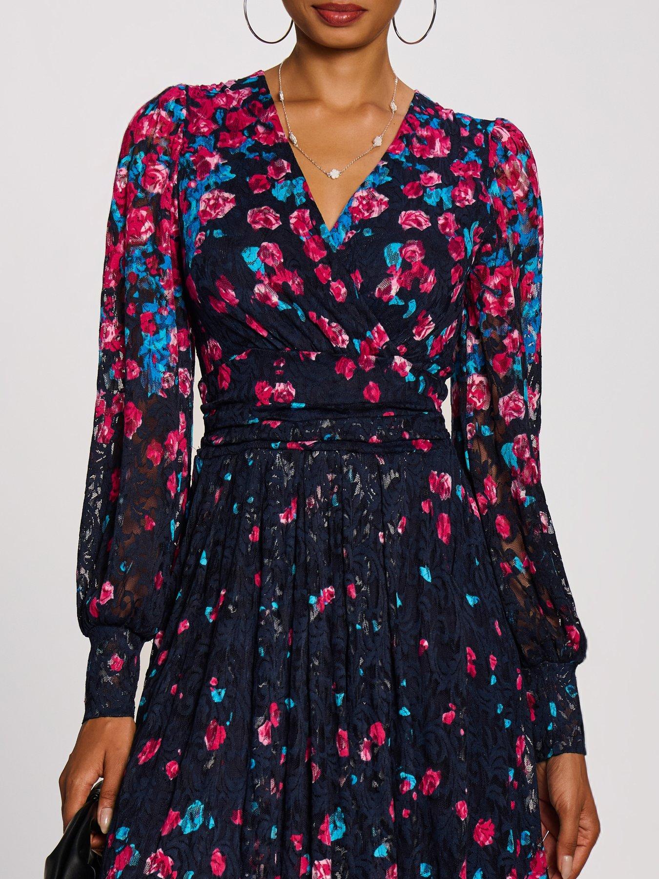 Image 4 of 7 of Jolie Moi Womens Long Sleeve Printed Lace Maxi Dress - Pink