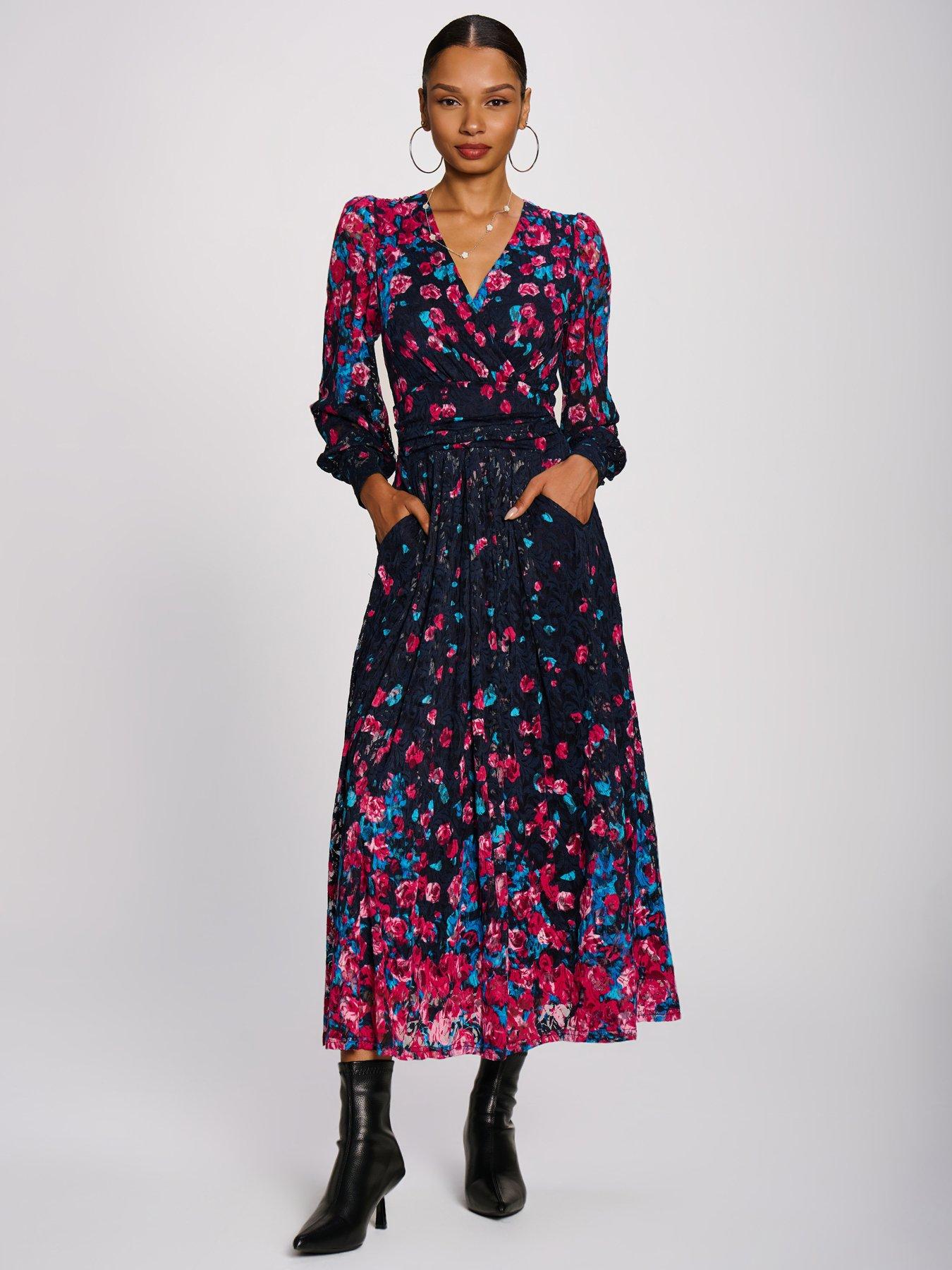 Image 6 of 7 of Jolie Moi Womens Long Sleeve Printed Lace Maxi Dress - Pink