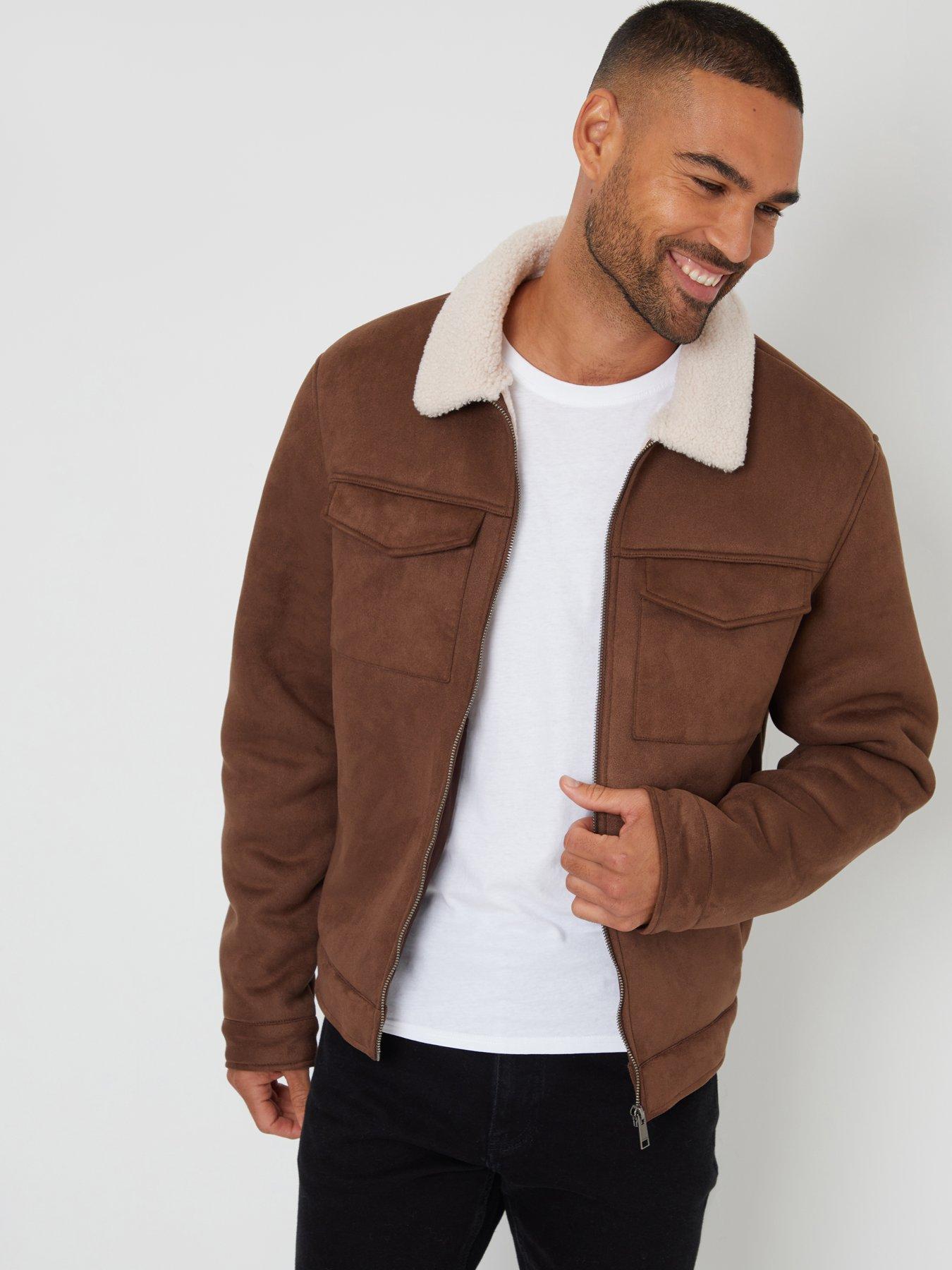 Image 1 of 4 of Threadbare Faux Suede Borg Collar Jacket In Taupe