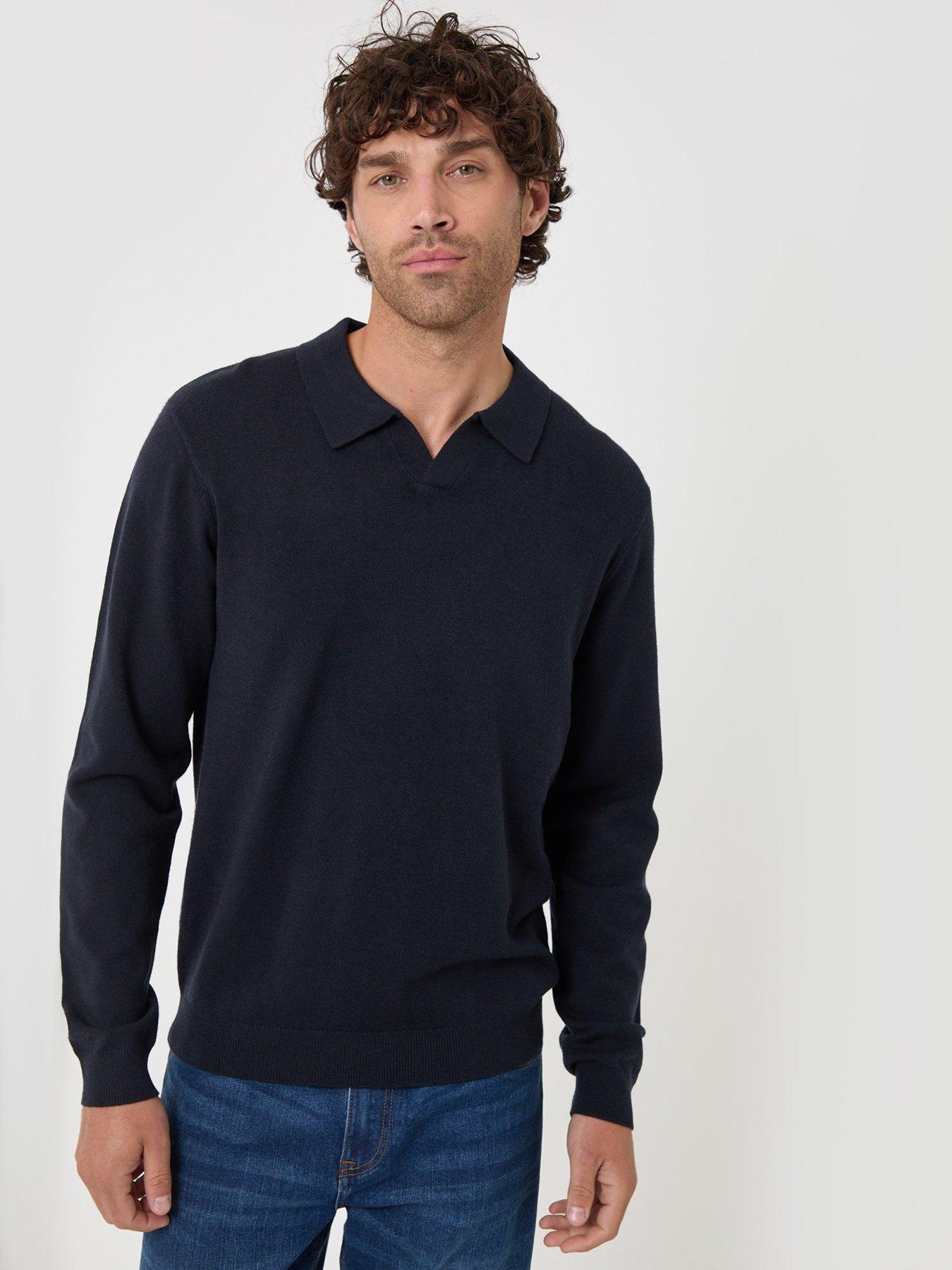 Image 1 of 4 of Threadbare Mens Knitted Collar Long Sleeve Polo Shirt - Navy