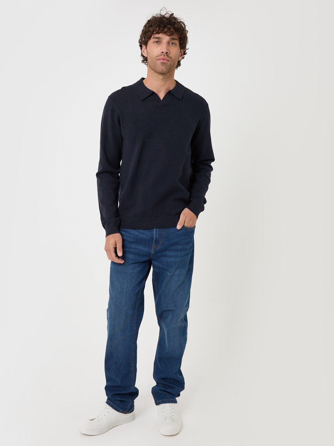 Image 3 of 4 of Threadbare Mens Knitted Collar Long Sleeve Polo Shirt - Navy