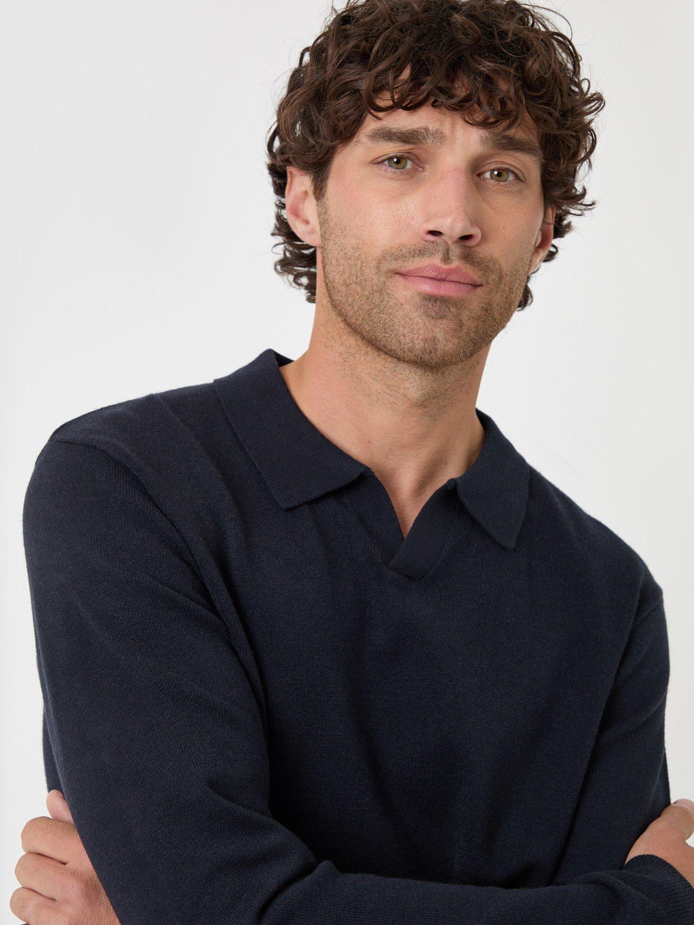 Image 4 of 4 of Threadbare Mens Knitted Collar Long Sleeve Polo Shirt - Navy