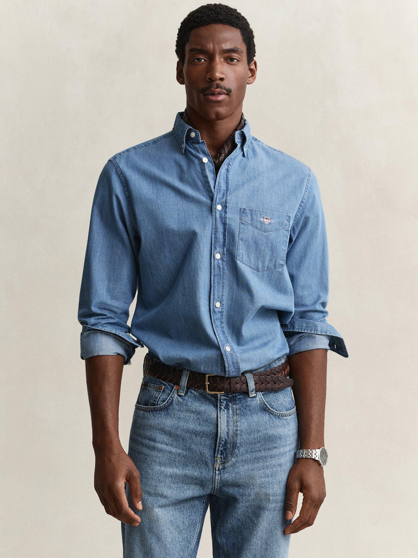 Image 1 of 4 of GANT Mens Regular Fit Cotton Long Sleeve Shirt - Light Blue
