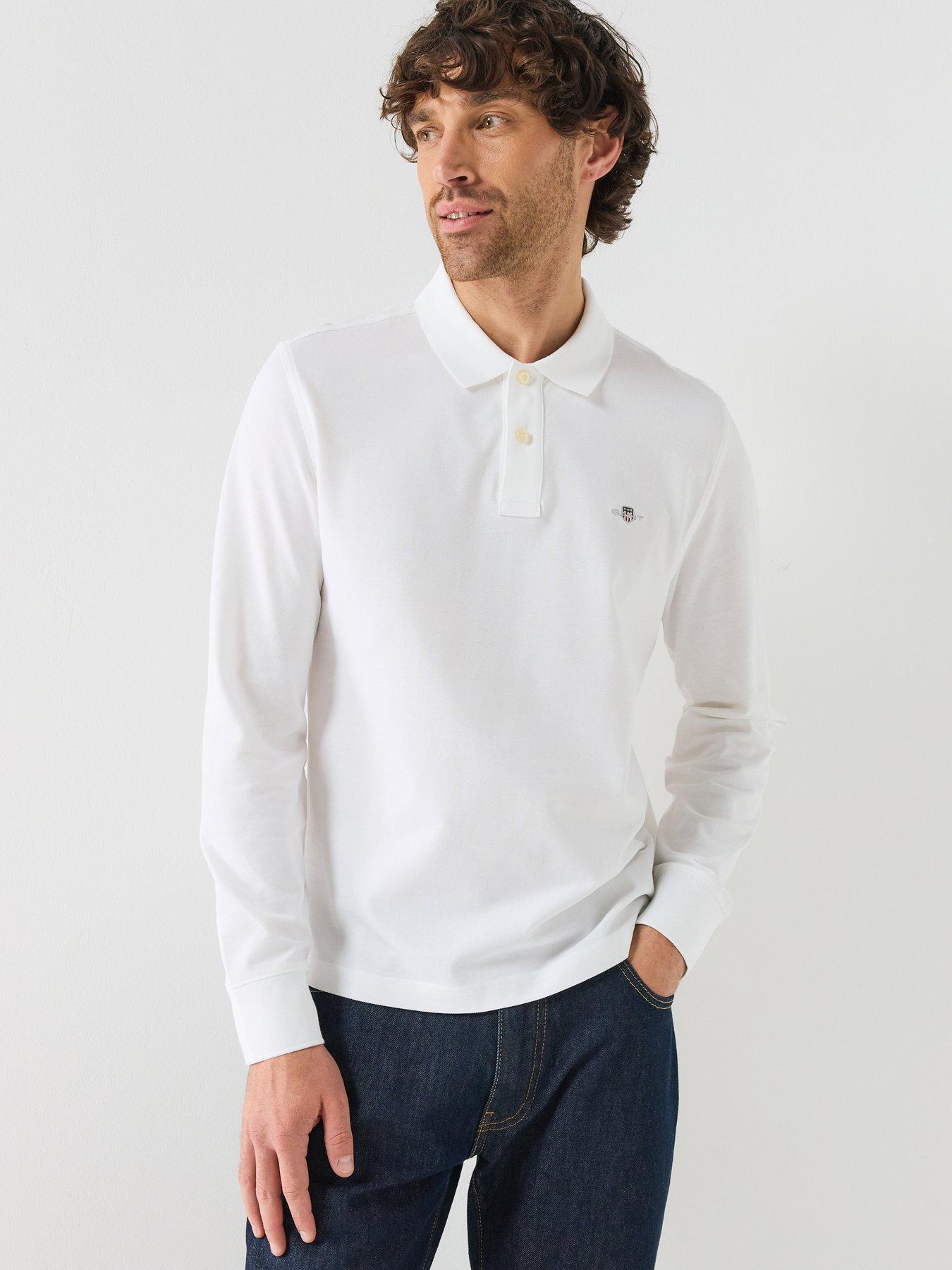 Gant Mens Regular Fit Long Sleeve Shield Logo Pique Rugger - White Cotton - Size Large - Image 3