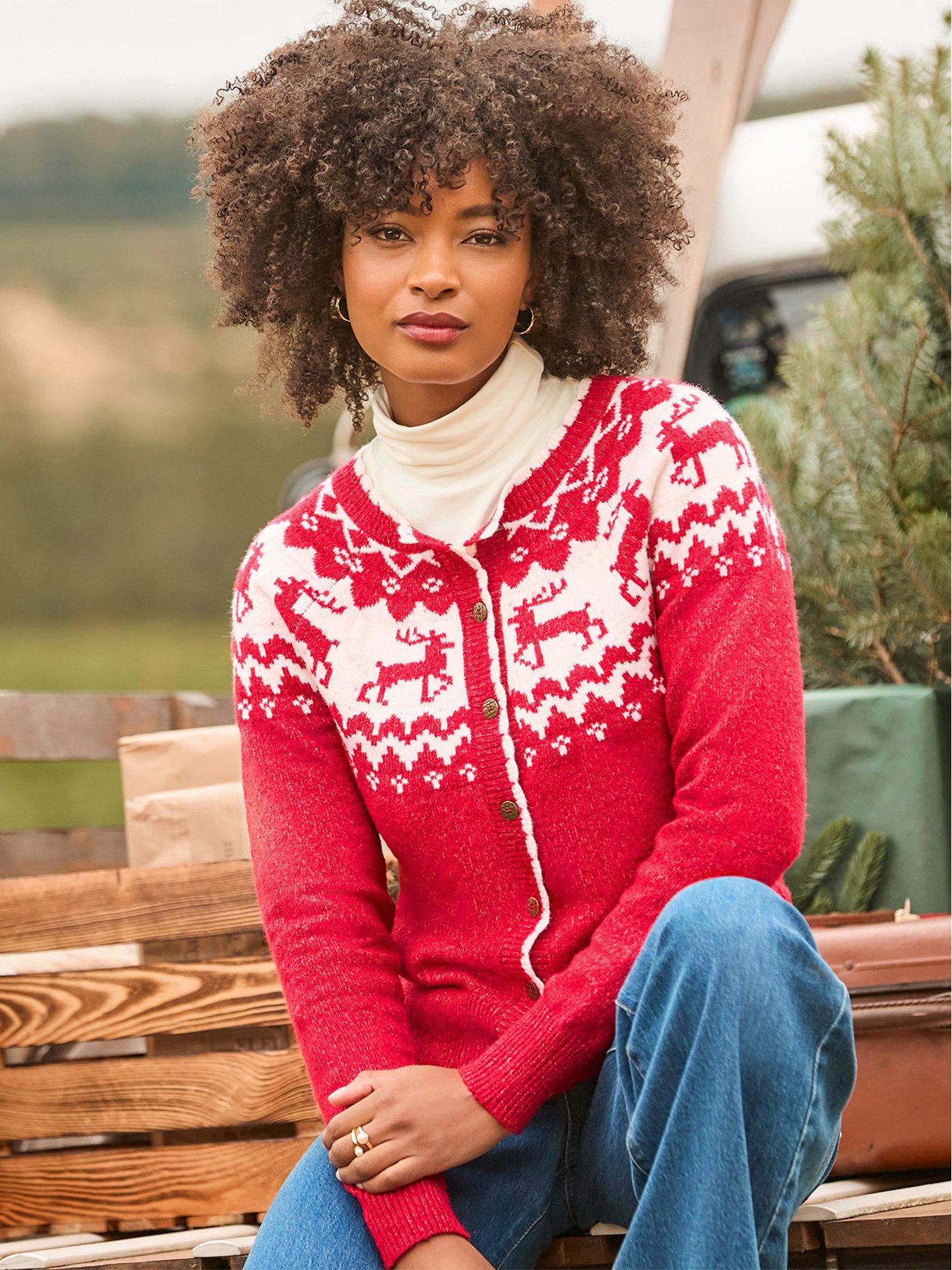 Image 1 of 7 of Joe Browns Womens Retro Reindeer Fairisle Button-Through Cardigan - Red