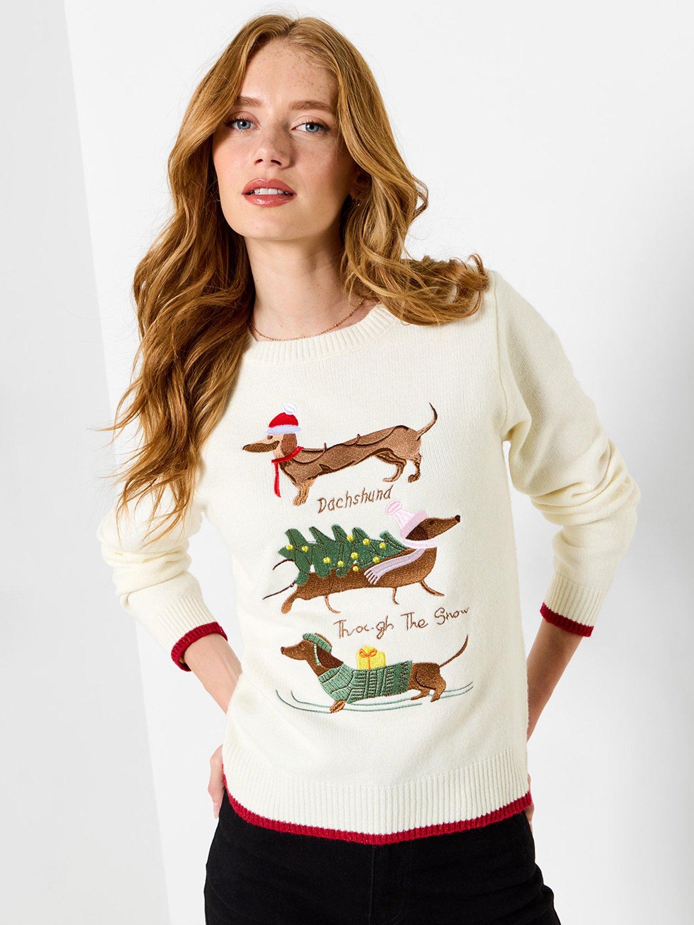 Image 2 of 7 of Joe Browns Womens Darcie Dachshund Embroidered Contrast Trim Christmas Jumper - Cream