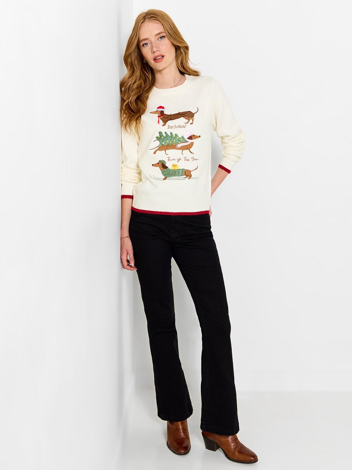 Image 4 of 7 of Joe Browns Womens Darcie Dachshund Embroidered Contrast Trim Christmas Jumper - Cream