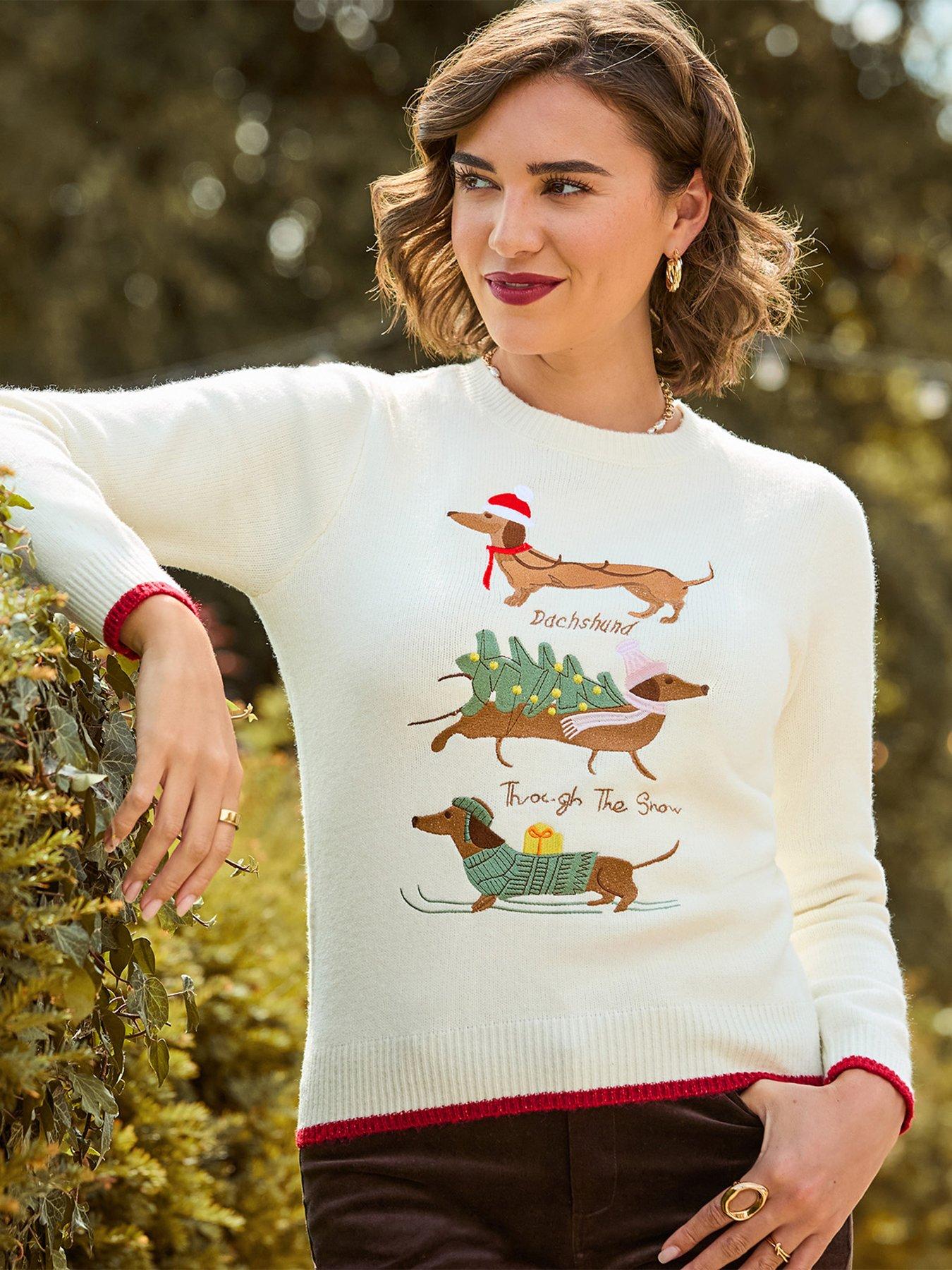 Image 6 of 7 of Joe Browns Womens Darcie Dachshund Embroidered Contrast Trim Christmas Jumper - Cream