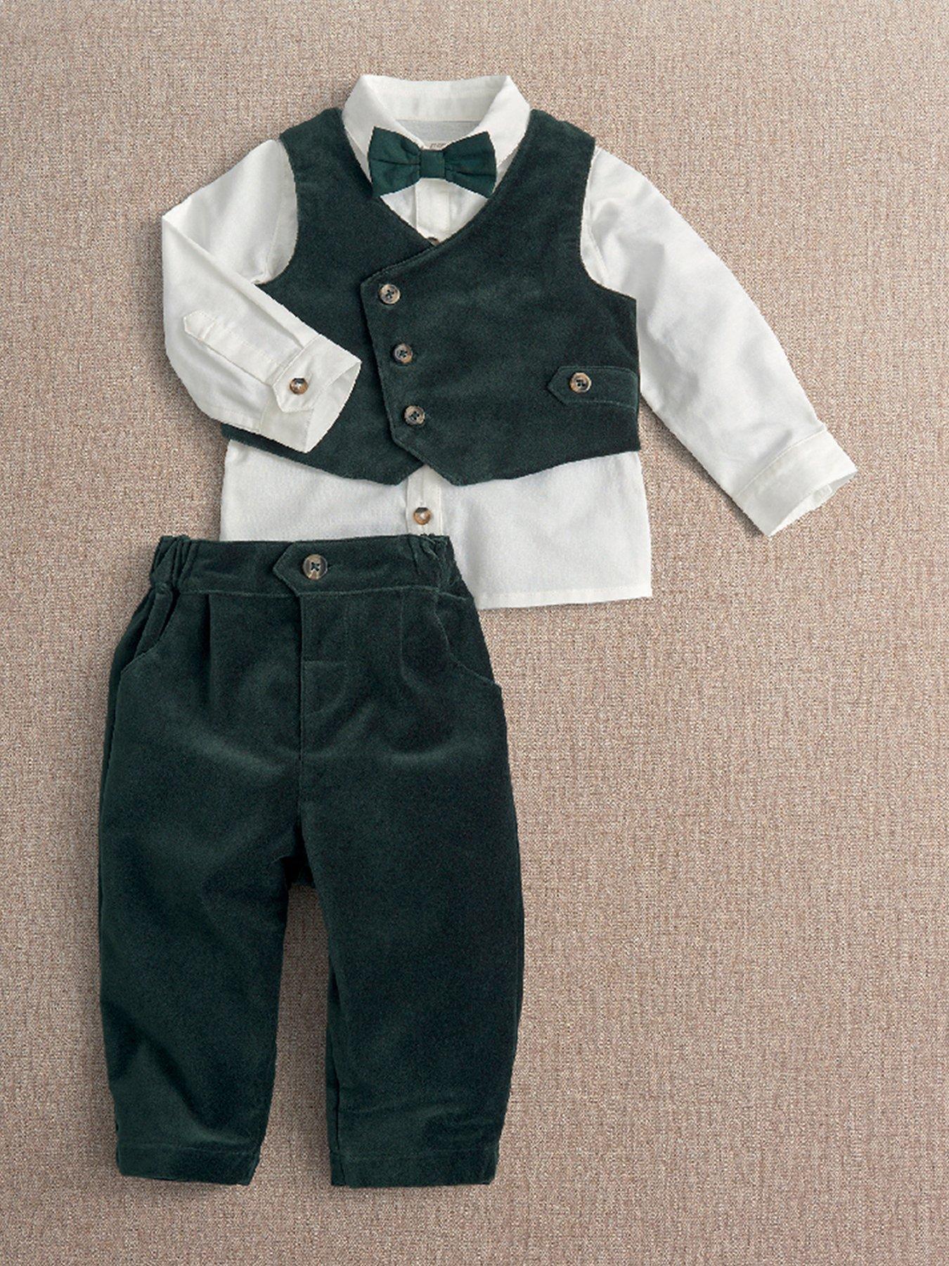 Image 1 of 3 of Mamas & Papas Baby boys 4 Piece Velvet Suit Set Party Outfit - Green