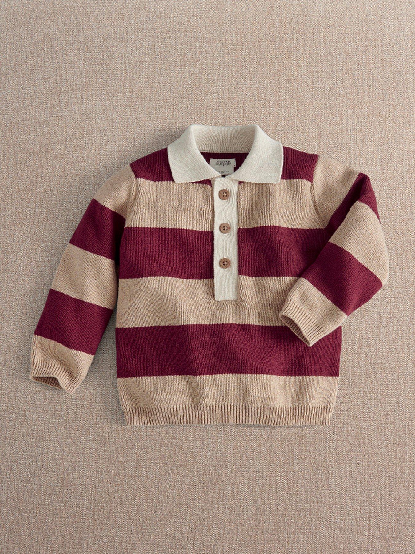 Mamas & Papas Baby Rugby Stripe Knit Top, Beige and Burgundy, 0-3 Months - Image 3