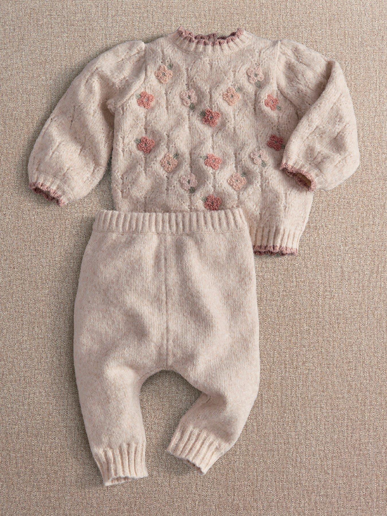 Mamas & Papas Floral Knit Set for Babies, Beige, Up To 1 Month, 2-Piece Outfit - Image 3