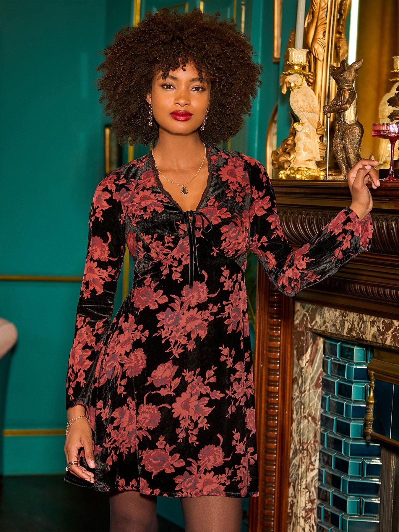 Image 1 of 7 of Joe Browns Womens Dazzling Devore Tie-Front V-Neck Tunic Dress - Black