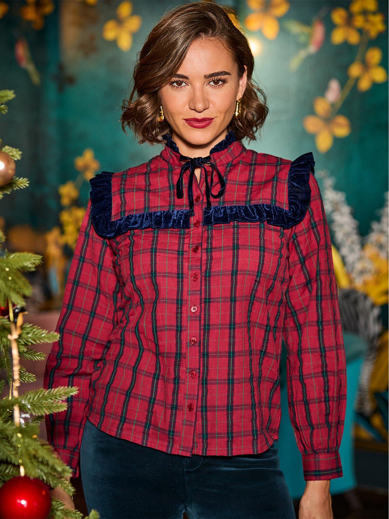 Image 1 of 7 of Joe Browns Womens Tie Neck Velvet Frill Blouse - Red