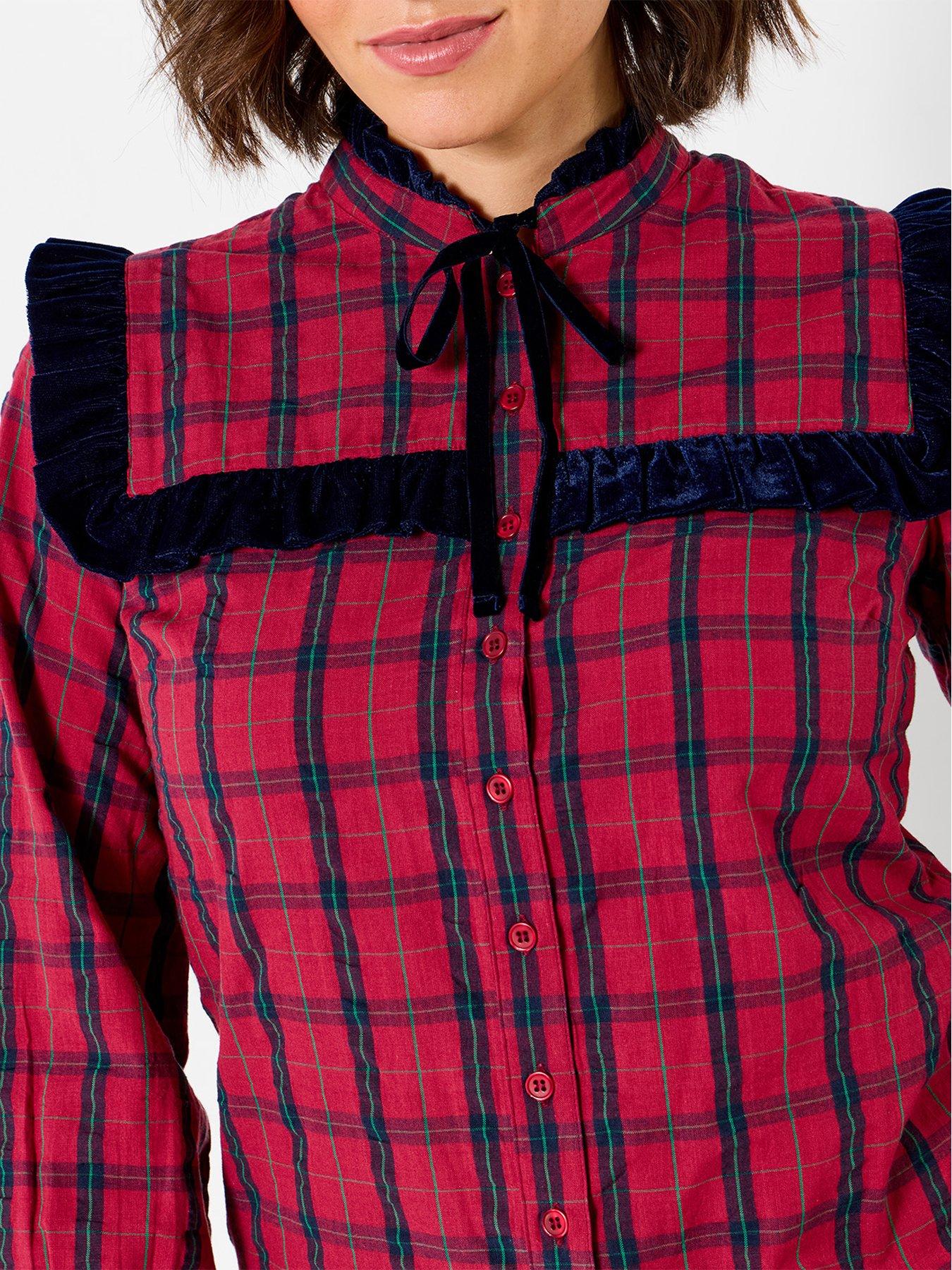 Image 5 of 7 of Joe Browns Womens Tie Neck Velvet Frill Blouse - Red