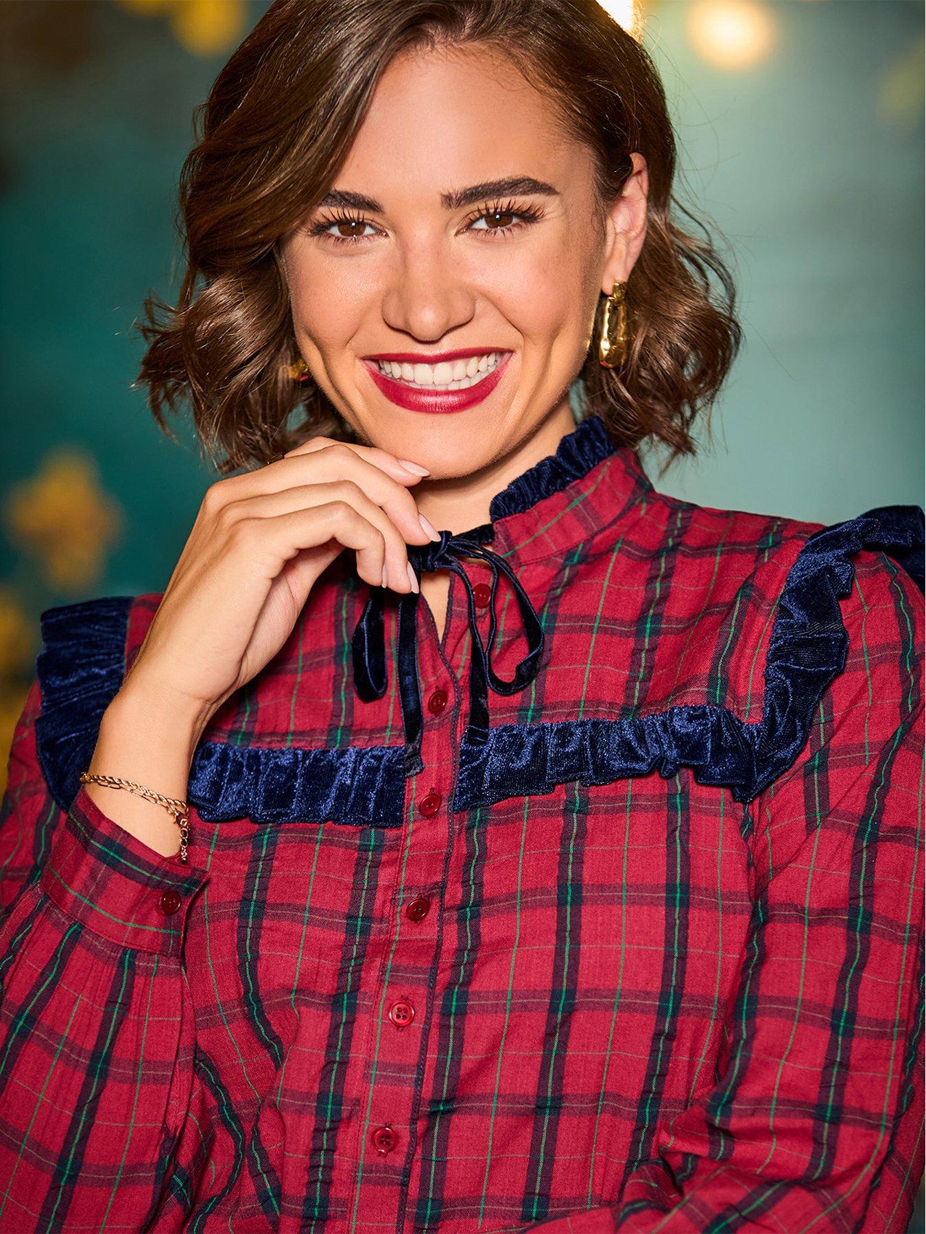 Image 6 of 7 of Joe Browns Womens Tie Neck Velvet Frill Blouse - Red