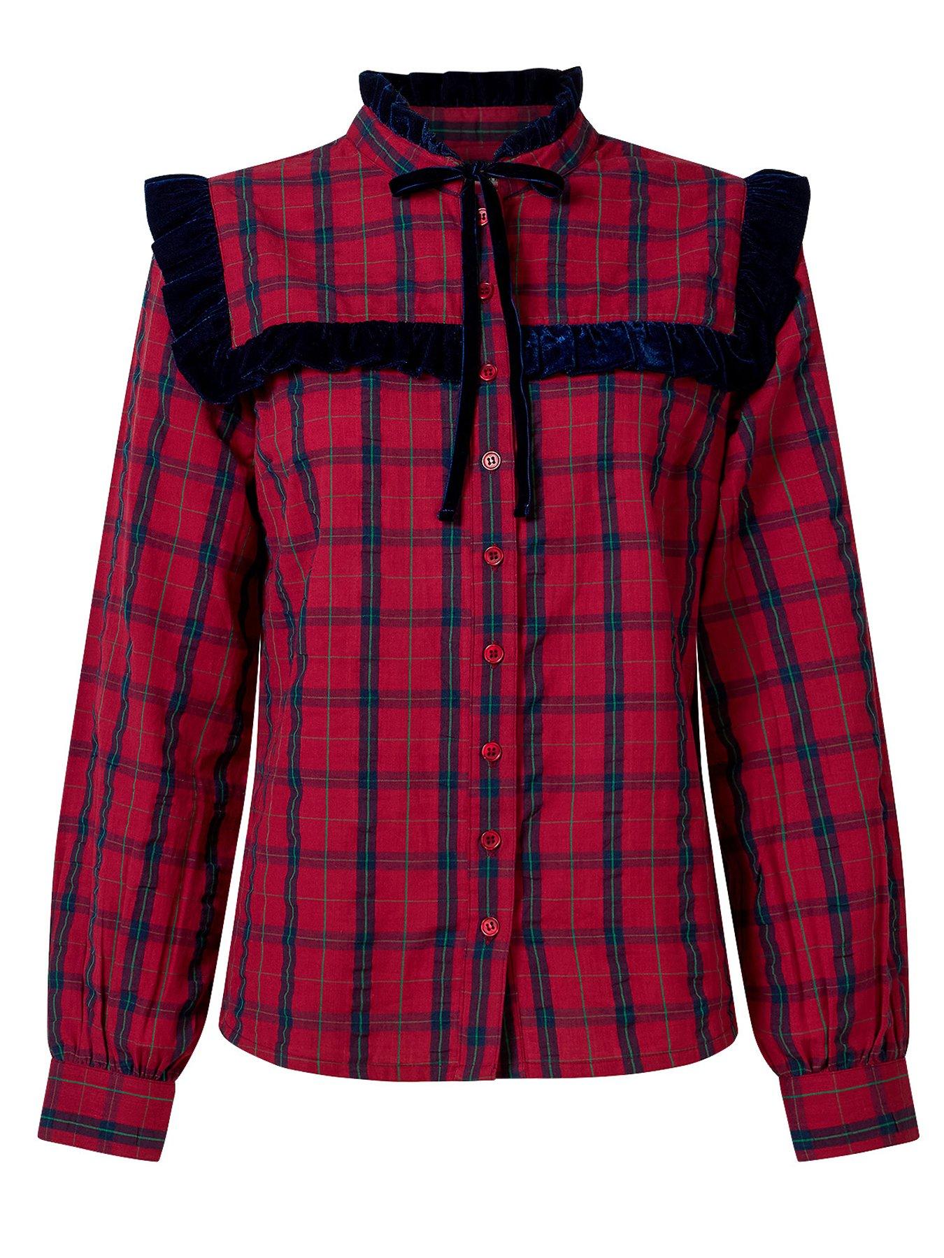 Image 7 of 7 of Joe Browns Womens Tie Neck Velvet Frill Blouse - Red