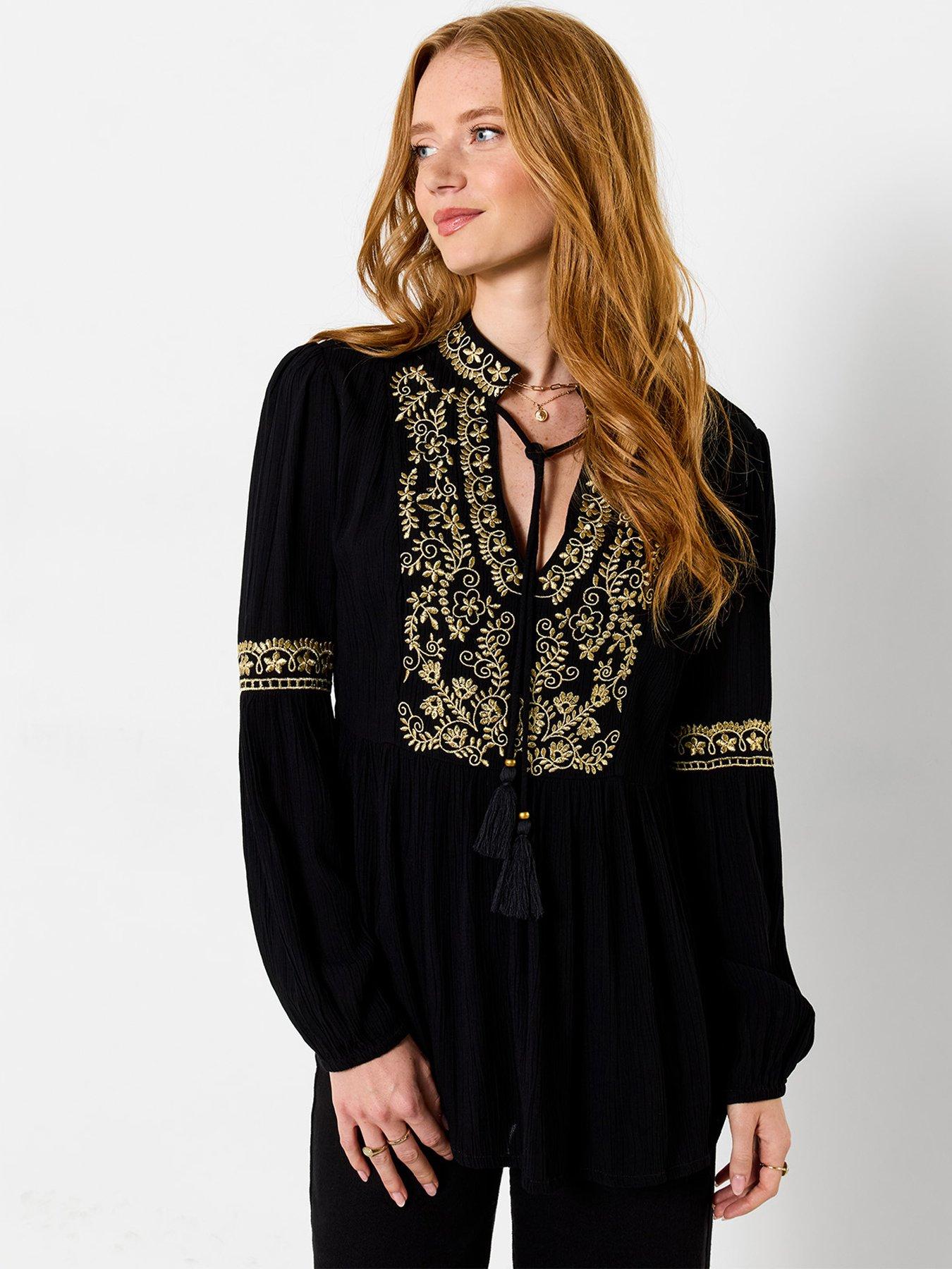 Image 1 of 7 of Joe Browns Womens Gracie Embroidered Tie Neck Tunic Blouse - Black