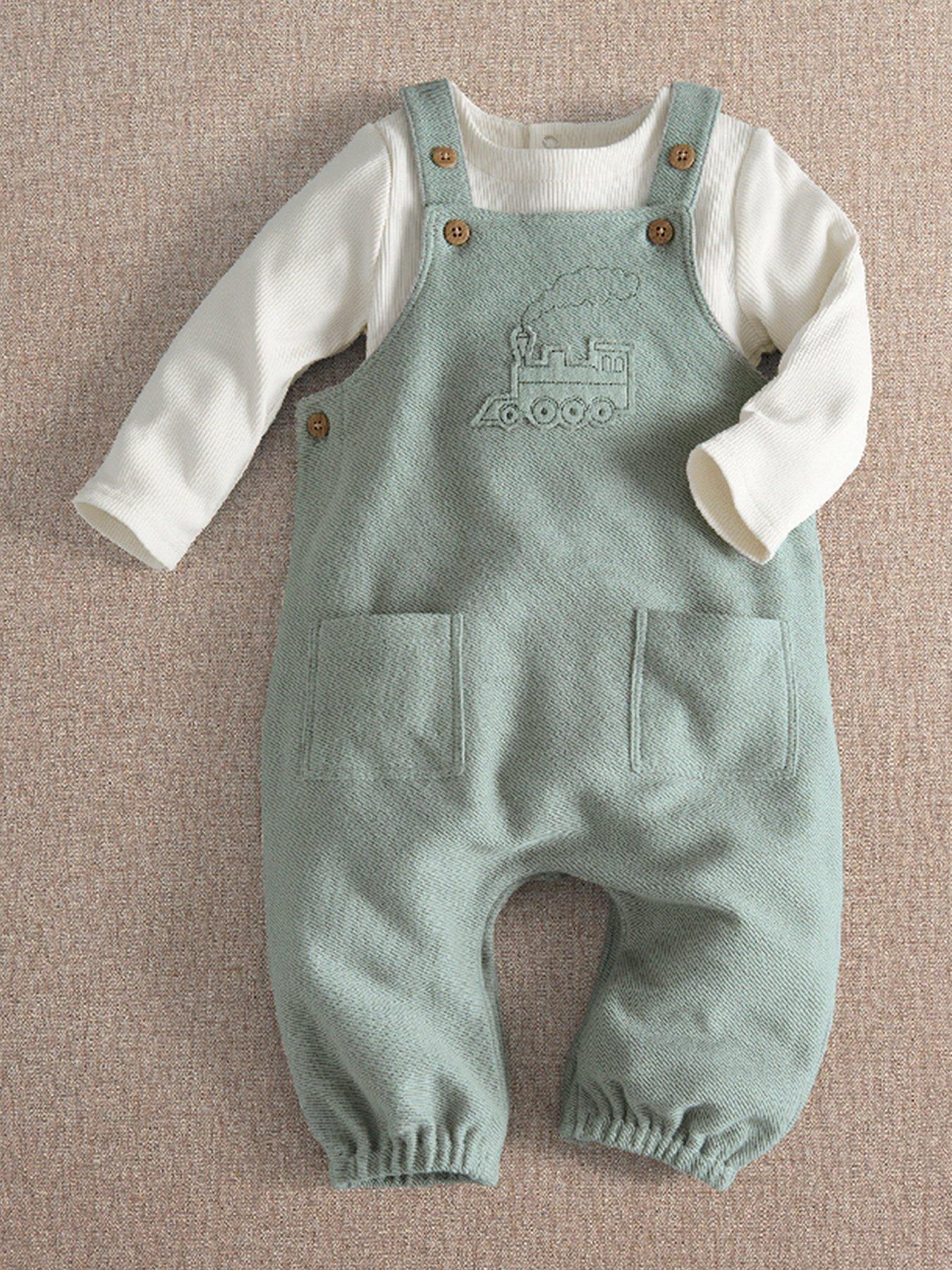 Image 1 of 3 of Mamas & Papas Boys Tractor Embroidered 2 Piece Dungaree Set - Green