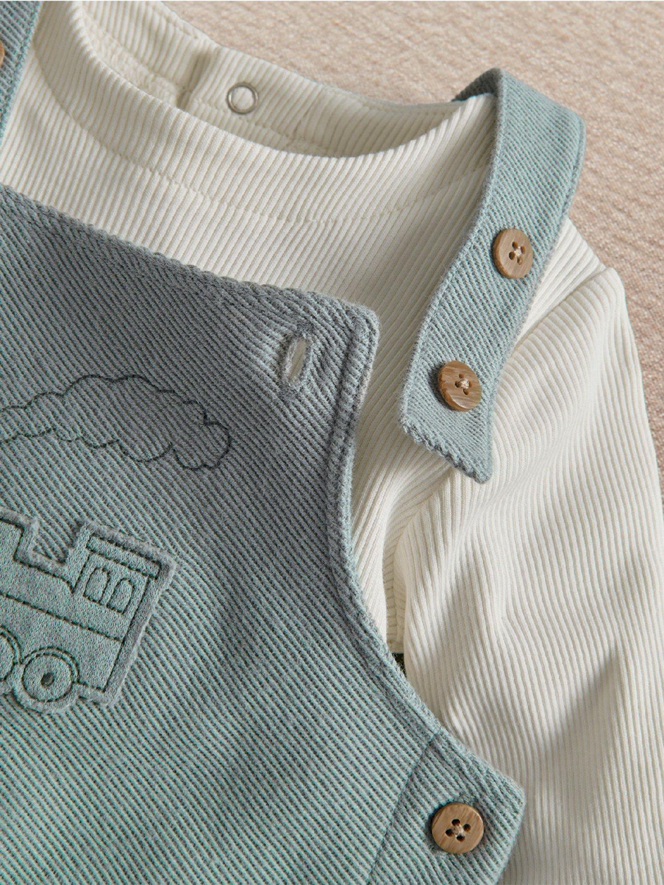 Image 2 of 3 of Mamas & Papas Boys Tractor Embroidered 2 Piece Dungaree Set - Green