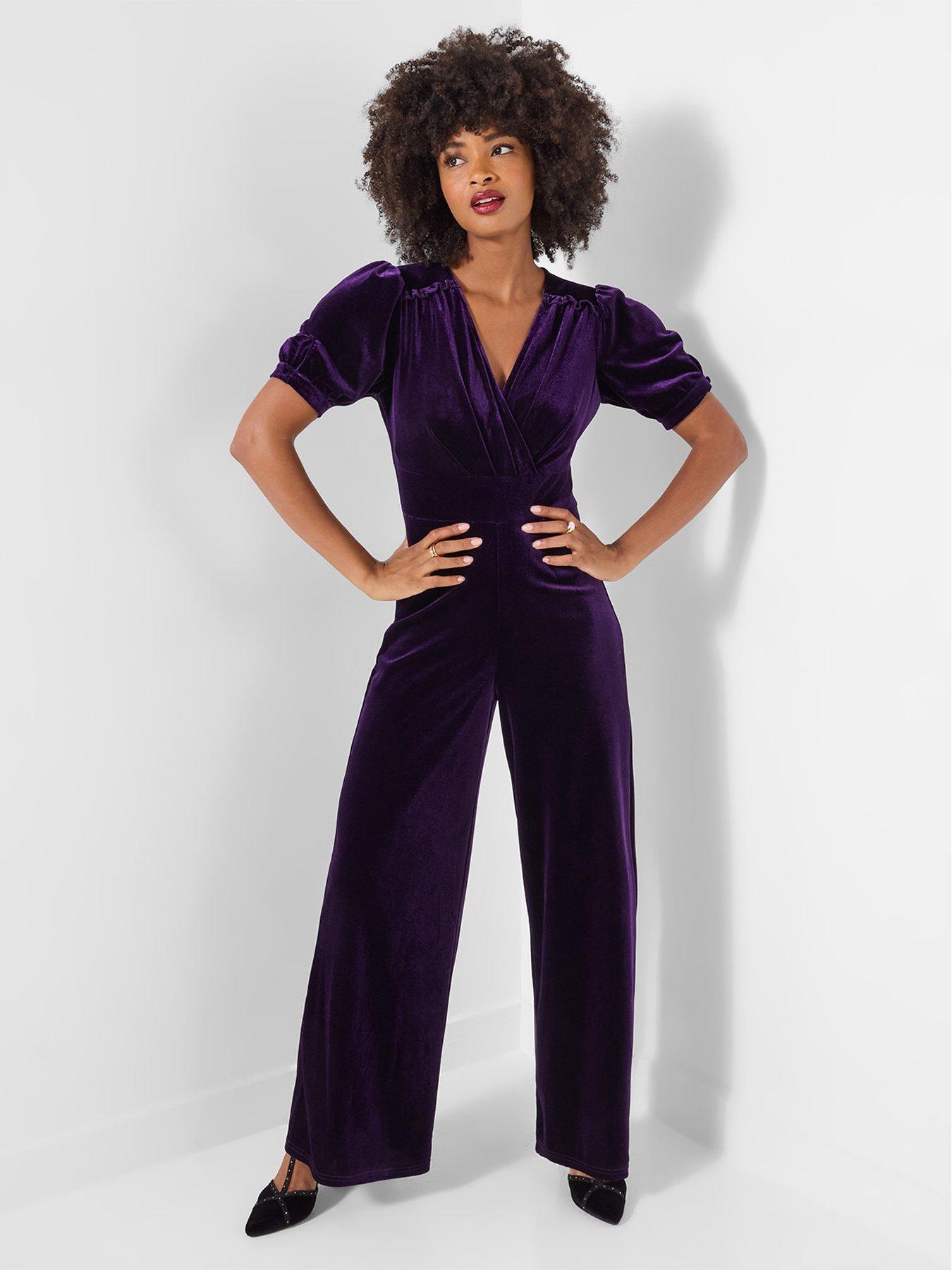 Image 2 of 7 of Joe Browns Womens Gabriella Wrap Front Wide Leg Velour Jumpsuit - Purple
