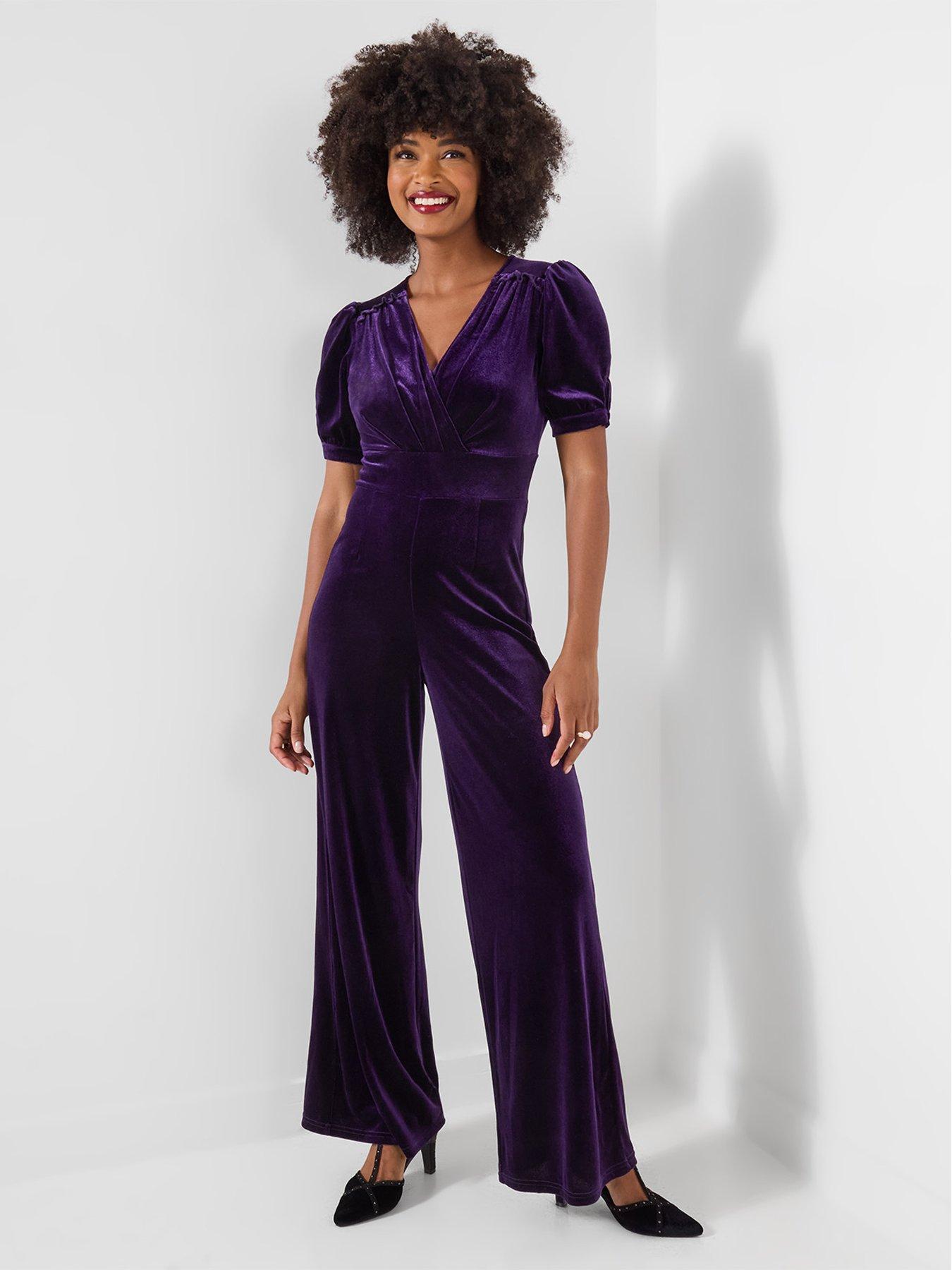 Image 4 of 7 of Joe Browns Womens Gabriella Wrap Front Wide Leg Velour Jumpsuit - Purple