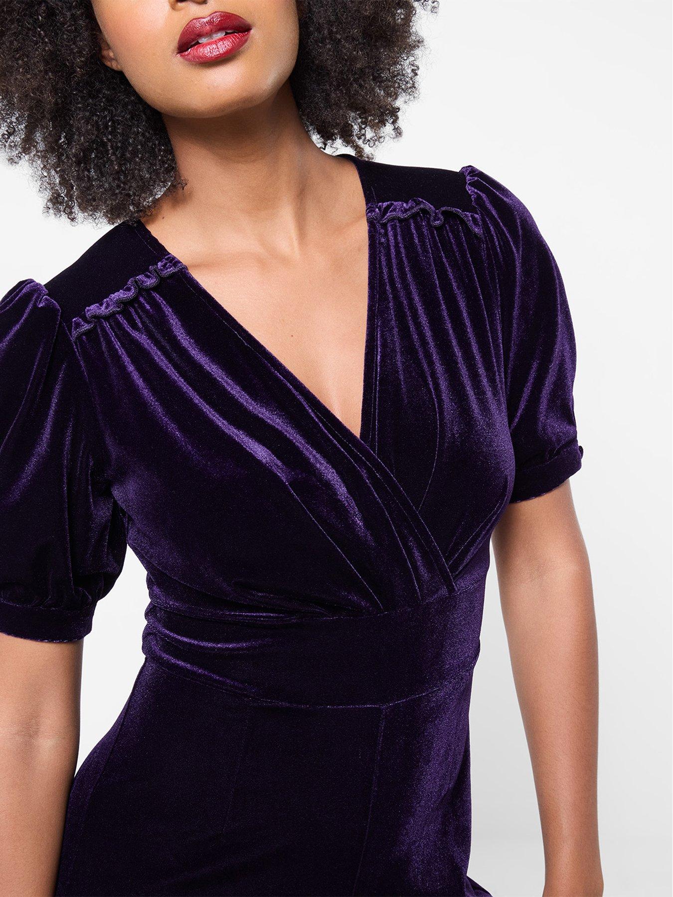 Image 5 of 7 of Joe Browns Womens Gabriella Wrap Front Wide Leg Velour Jumpsuit - Purple